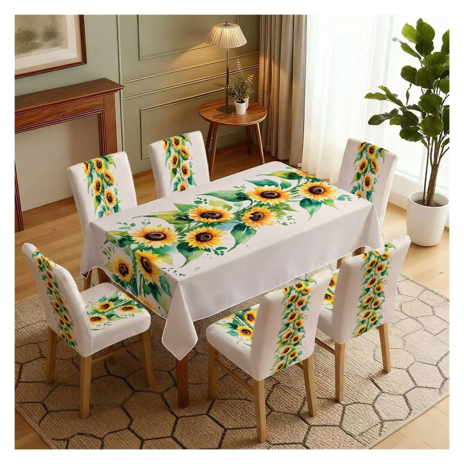 BOSUYBN Watercolor Sunflower Floral Dining Tablecloth & Chair Covers Set, 5/7 Piece Bright Rustic Farmhouse Boho Kitchen Dining Decor Table Setting(7pcs Set: Tablecloth+Chair Covers)