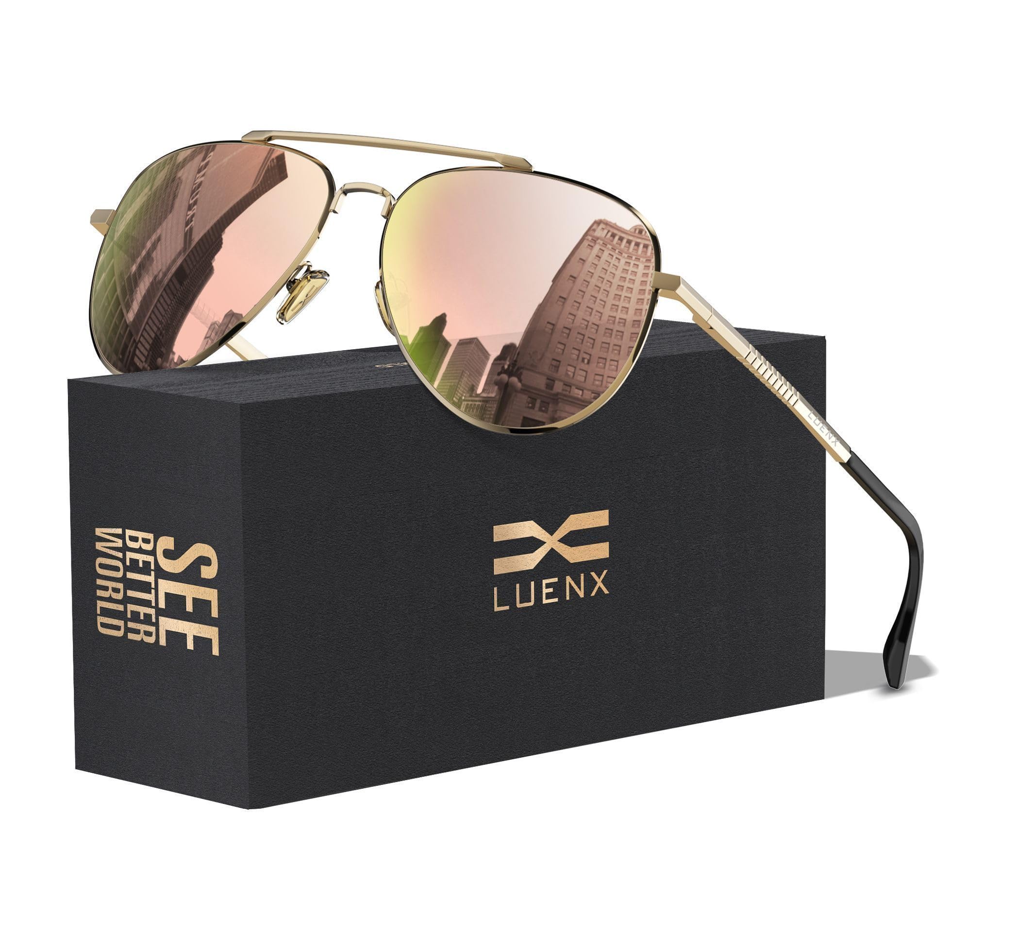 LUENX Aviator Sunglasses for Women Polarized Mirror with Case UV400 Protection 60mm