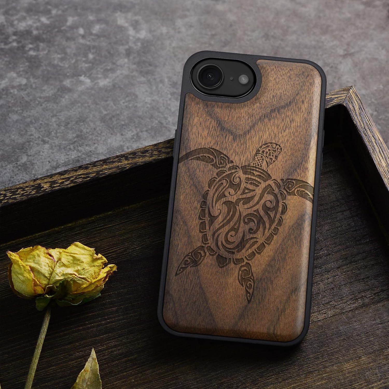 Carveit Magnetic Wooden Case for iPhone 16e / 17e, Solid Wood & Black TPU, Artisan Engraved Design, Shockproof Cover, Compatible with MagSafe Wireless Chargers, Ethnic Turtle - Walnut