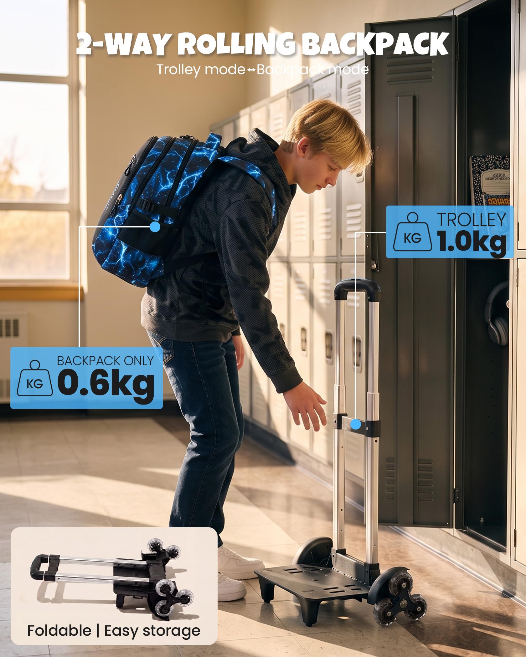 Amythe Schulrucksack Trolley Jungen, 6-Rollen für Treppen, mit Reflektoren | Schulrucksack mit Rollen für Jungen 9-16 Jahre (3.-9. Klasse), abnehmbarer Schultrolley, Schulranzen-Set für Schule Reisen