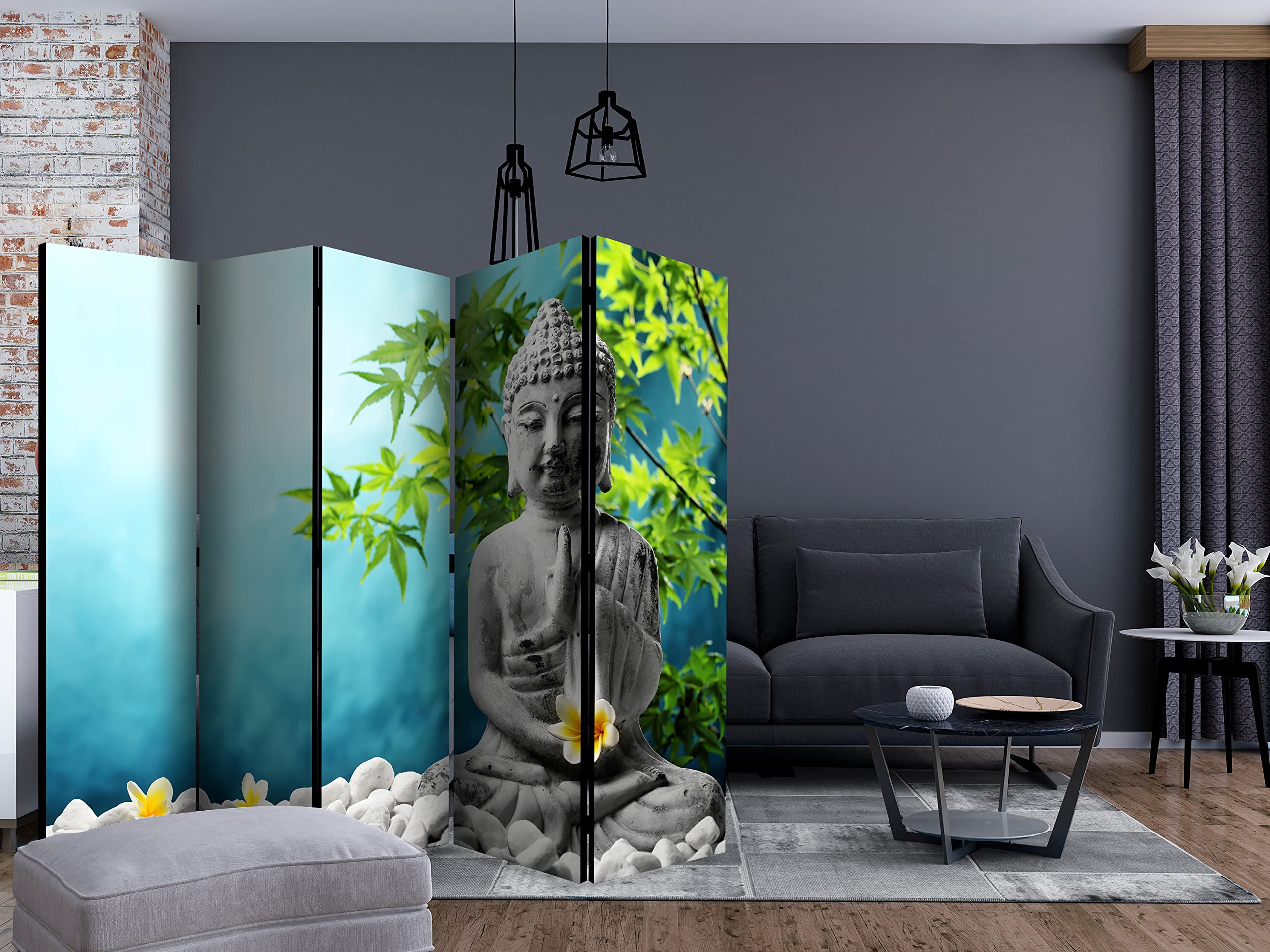 murando Biombo Buda 225x172 cm de Impresion Bilateral en el Lienzo de TNT Decoracion Foto Biombo de Madera con Imagen Impresa Home Office Separador SPA Zen Naturaleza h-B-0092-z-c