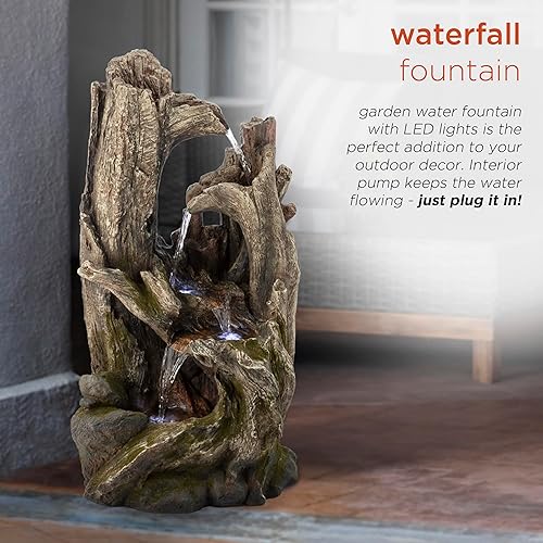 Miniatura 4 de Alpine Corporation Fuente de cascada de tronco de árbol de bosque lluvioso de 40 pulgadas de alto con luces LED, decoración de jardín al aire libre,