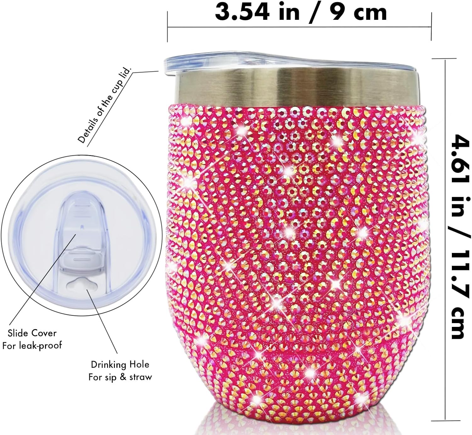 12 oz Bling Wine Tumbler with Lid Rhinestone Insulated Wine Glass Tumbler Double-Wall Vacuum Stainless Steel Coffee Mug Sparkly Travel Cup for Beer Champaign Cocktail (Hot Pink) - Image 4