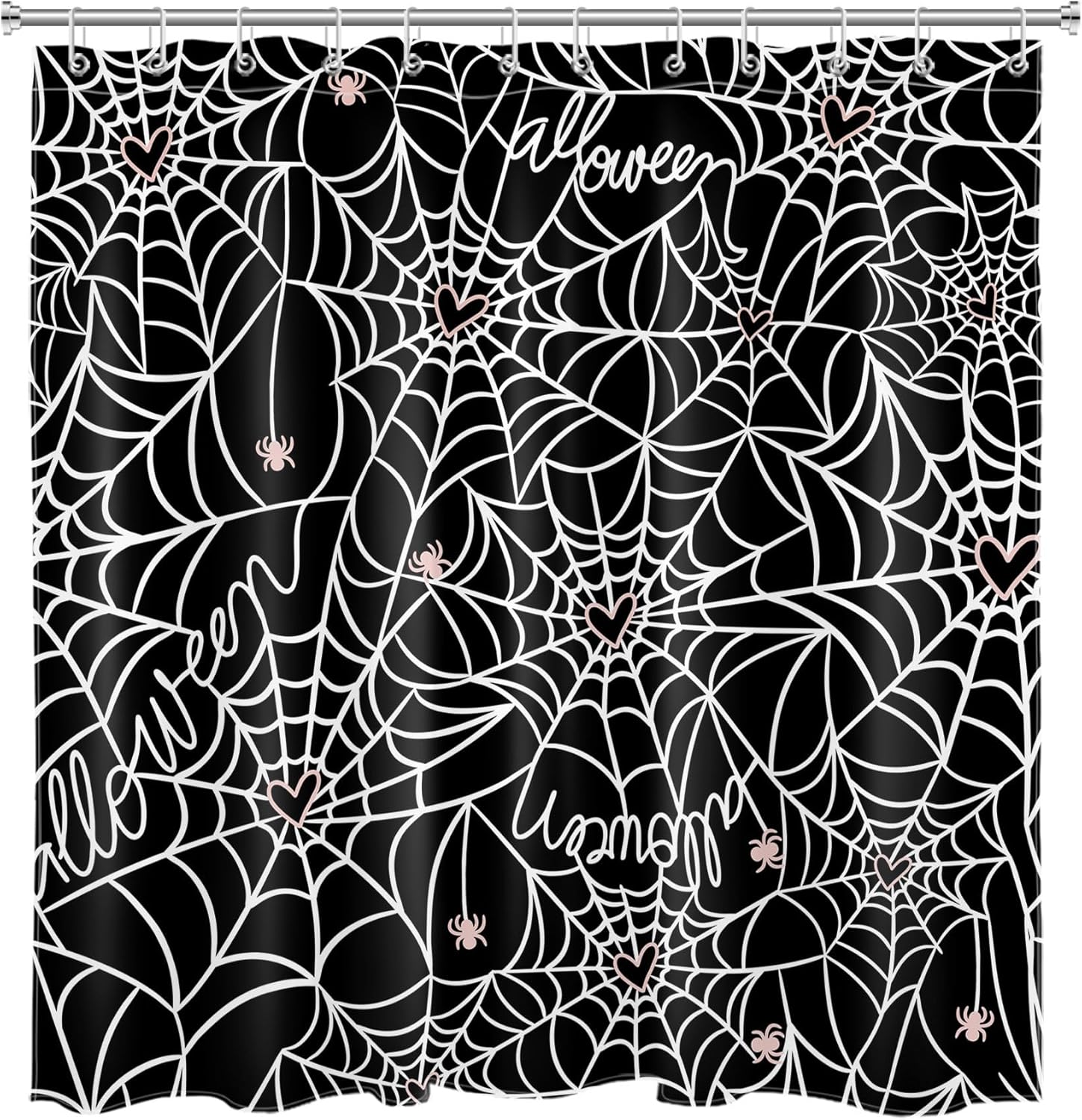 Halloween Spider Web Shower Curtain with Hooks, Pink Spider and Heart on Black Shower Curtain Horror Holiday Halloween Bathroom Decor Polyester Fabric Curtains Set, 72W x 78L inches