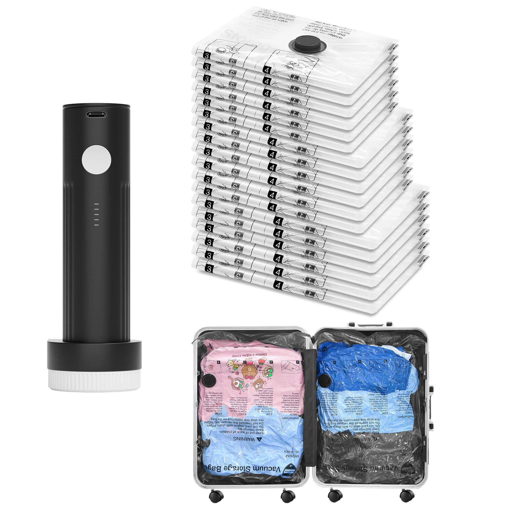 SUOCO Reise-Vakuumbeutel für Gepäck mit tragbarer elektrischer Pumpe, 18 Combo (6L/6M/6S) Verpackungsbeutel für Kleidung, Koffer, Rucksack, platzsparende Kompressionskleidung Aufbewahrungstasche