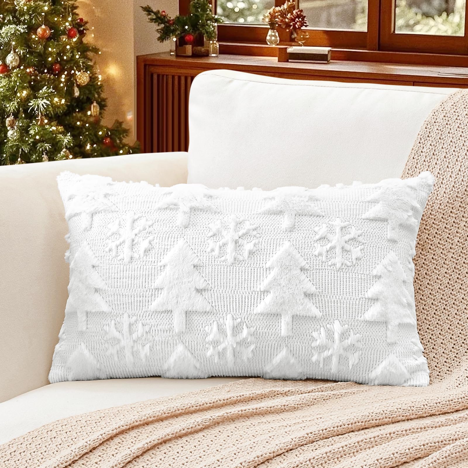 Artscope Set of 1 Xmas Soft Plush Short Wool Velvet Decorative Cushion Covers 30x50cm Lumbar Luxury Style Throw Pillow Covers Pillow Shell for Sofa Bedroom Christmas Tree and Snowflake White — image 1