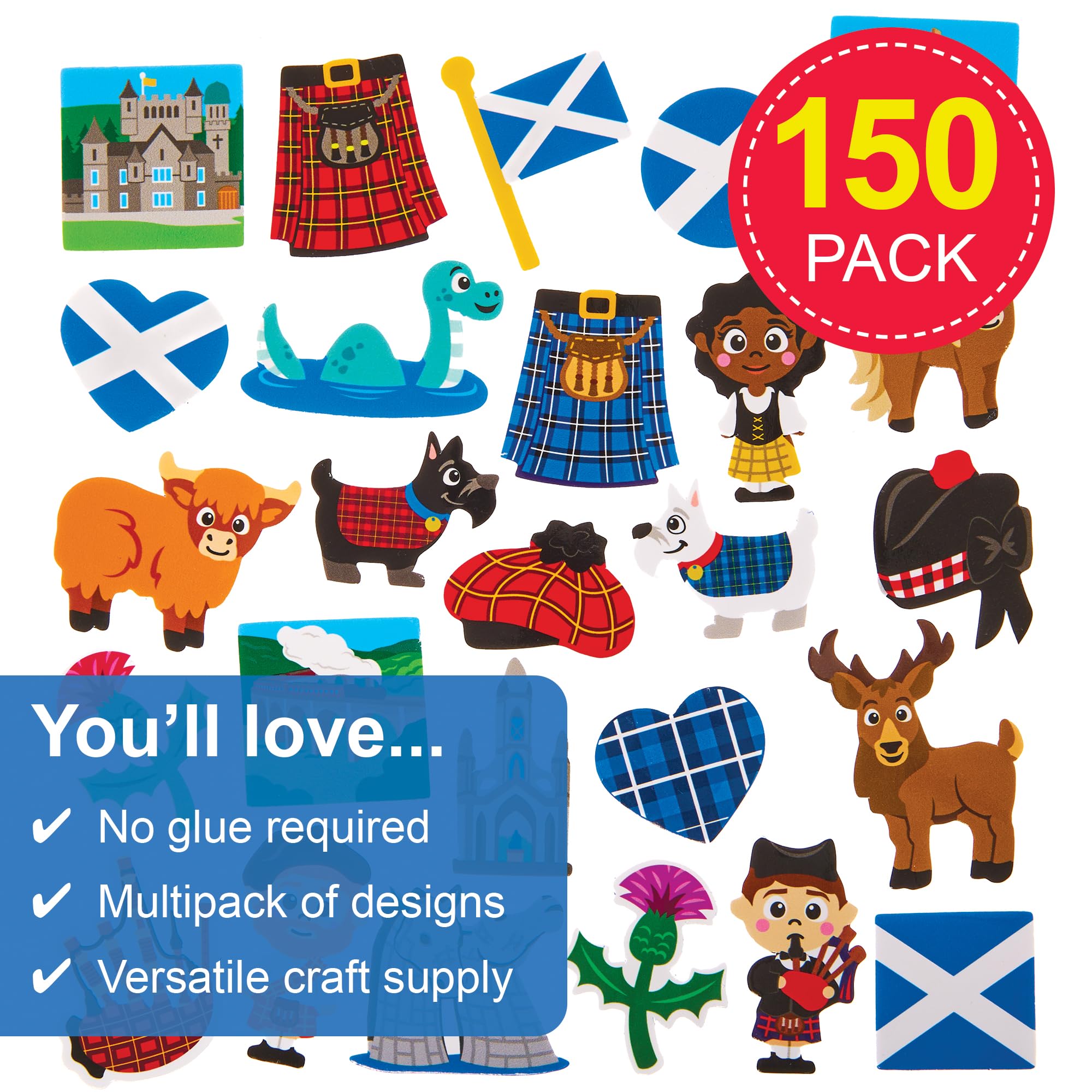 Baker Ross FX991 Scotland Foam Stickers - Pack of 150, Scottish Stickers for Kids Crafts and Cards, Multicolour, 25mm-45mm - Image 2