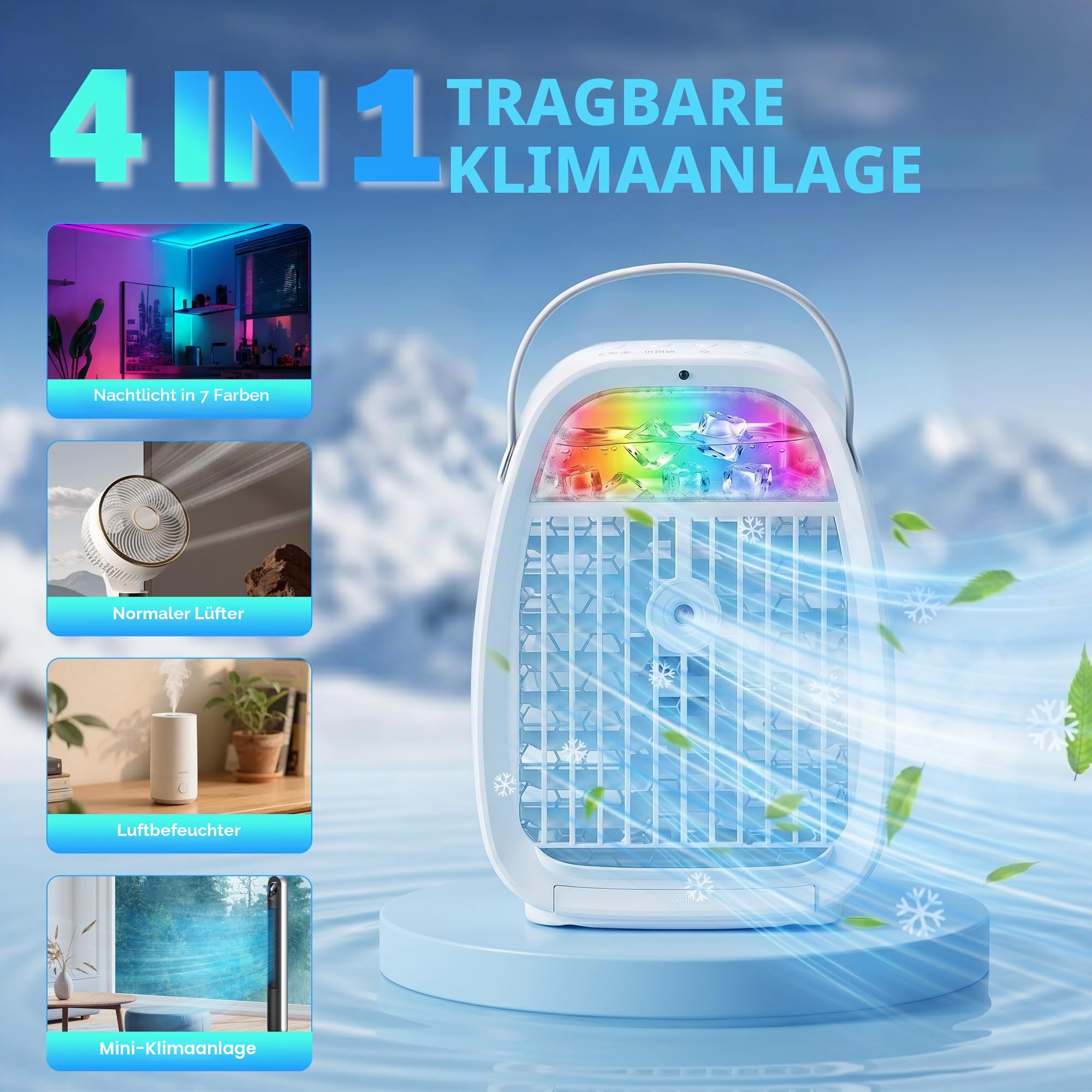Mobile Klimaanlage 1100ML, Luftkühler mit Wasserkühlung ohne Abluftschlauch, Mini Klimaanlage 4 in 1, Klimagerät mit 3 Windstufen, 2 Sprühmodi, USB Ventilator mit LED für Zimmer Büro Camping