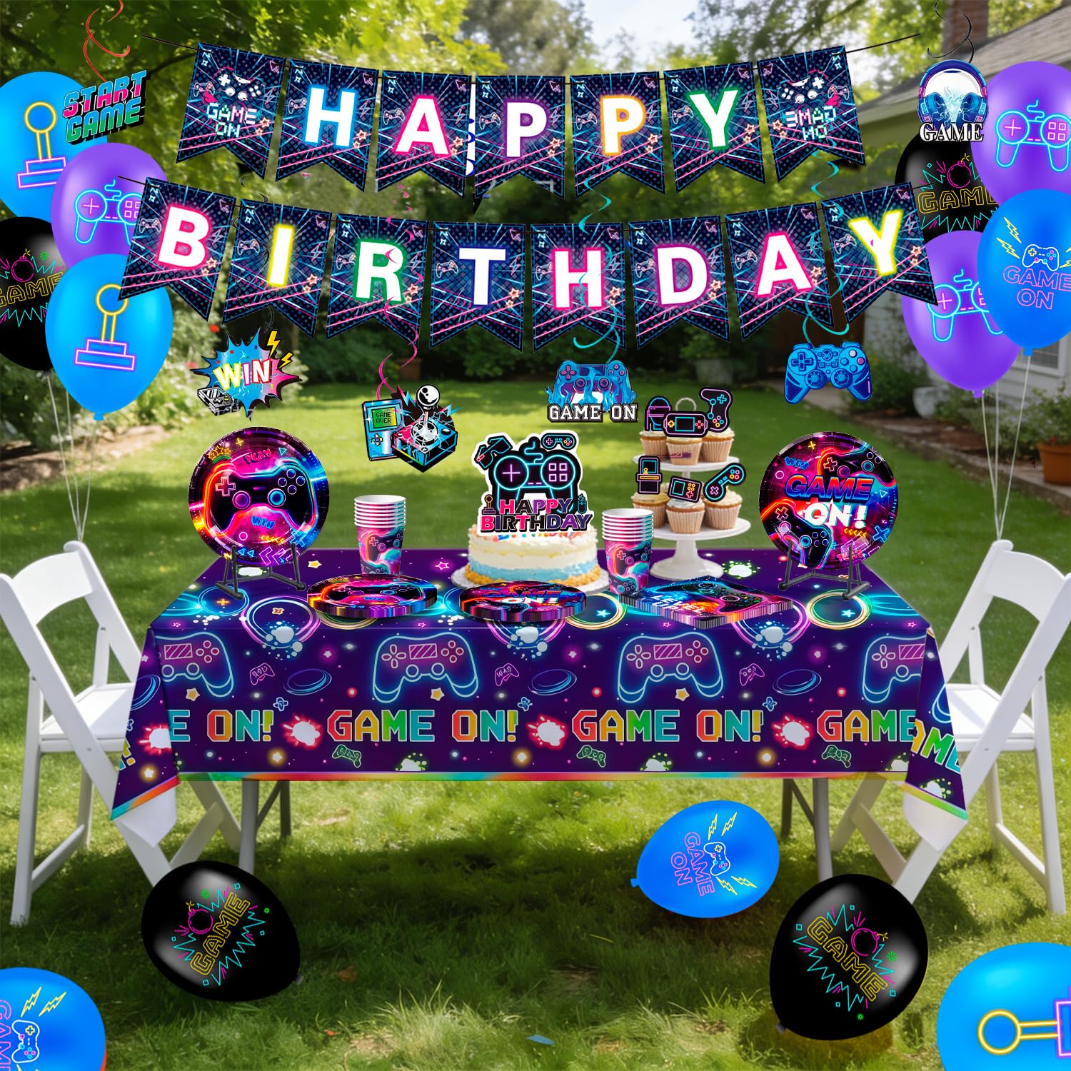 Juego de Vajilla de Fiesta de Videojuegos,111 Piezas Videojuego Fiesta Platos Servilletas Mantele etc Vajilla para Fiesta de Cumpleaños de Videojuegos
