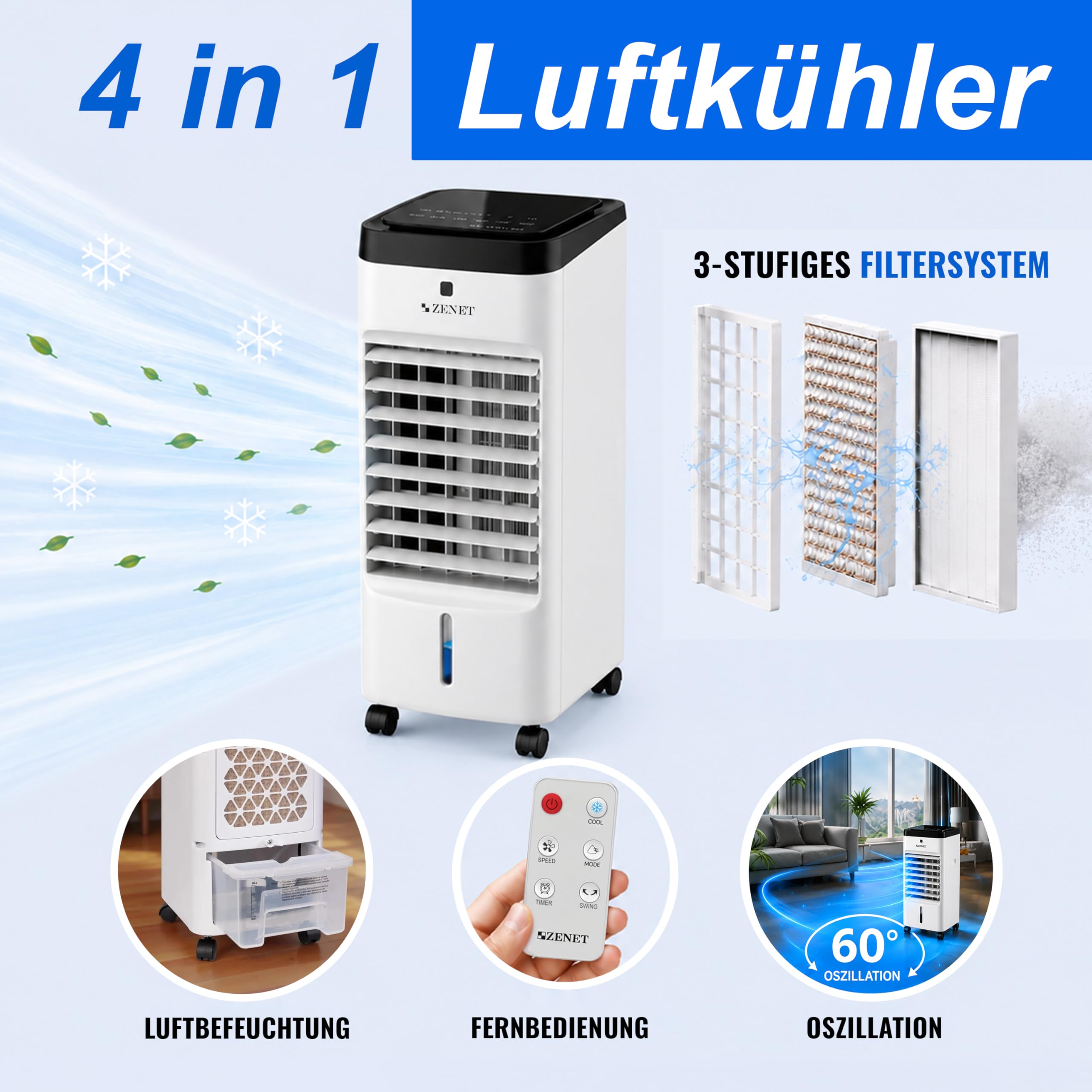 ZENET Luftkühler & Klimaanlage Mobil ohne Abluftschlauch 4-in-1 (3.5L, 65W) | Tragbare Ventilator mit Wasserkühlung, Luftbefeuchter, Luftreiniger für Zuhause, Zimmer, Büro, Timer, Fernbedienung