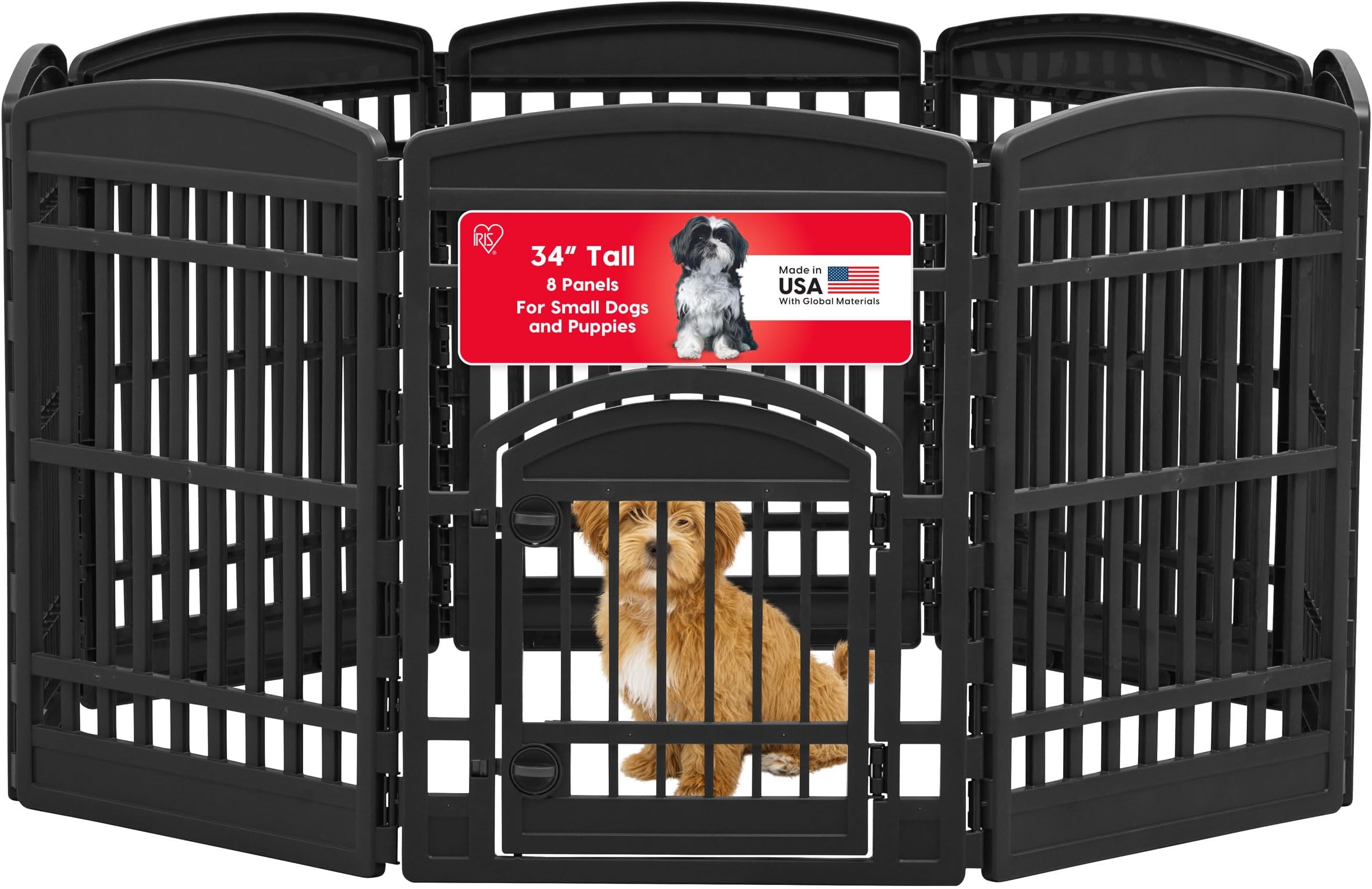 Dog Playpen with Door, 34” 8 Panel Pet Exercise Pen – Indoor Outdoor Puppy Play Pen, Portable Plastic Pet Fence for Small Medium Dogs, Foldable 63” x 63” x 34”, Black