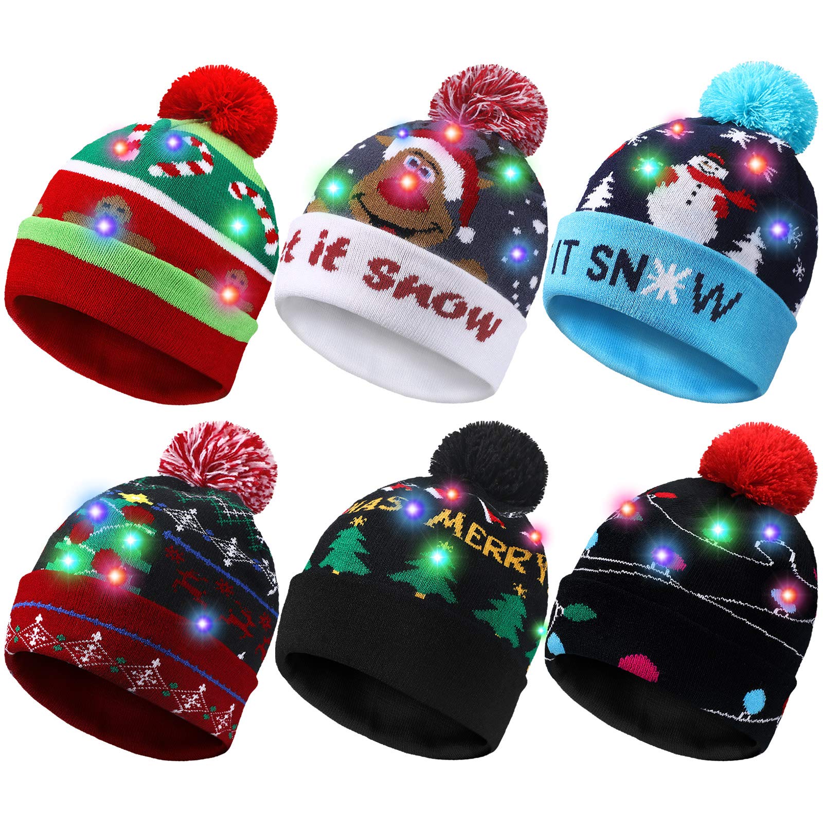 Geyoga 6 Pieces LED Christmas Hat LED Lights Sweater Hat Unisex Winter Beanie Knit Cap with 6 Colorful LED Lights for Christmas Holiday Party Supplies