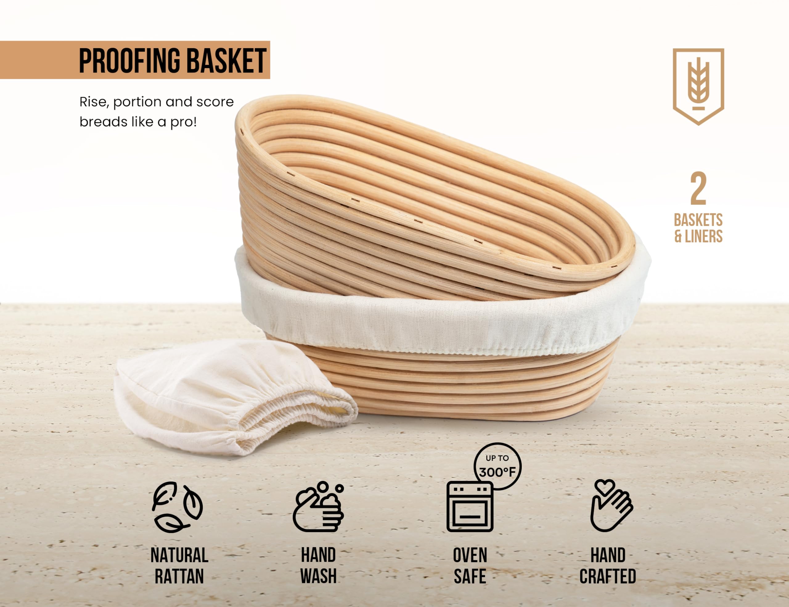 Kook Banneton Brotgärkörbe, handwerkliche Sauerteig-Brotherstellungskörbe, 24 cm, handgewebte Rattankörbe und Stoffeinlagen, oval, 2 Stück