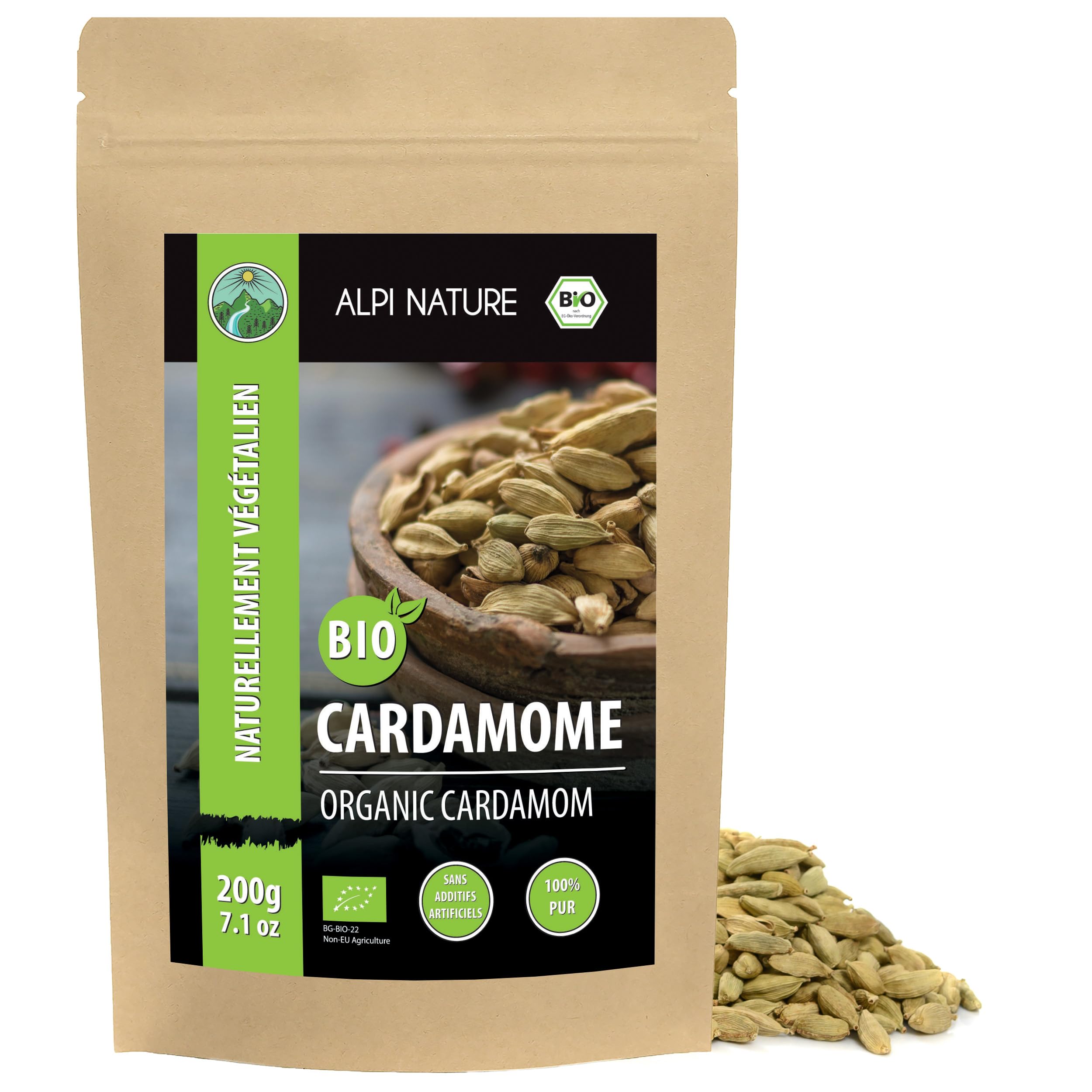Alpi Nature Cardamome BIO Gousses Entières 200g, Gousses de Cardamome Verte Entières avec Graines pour la Cuisine