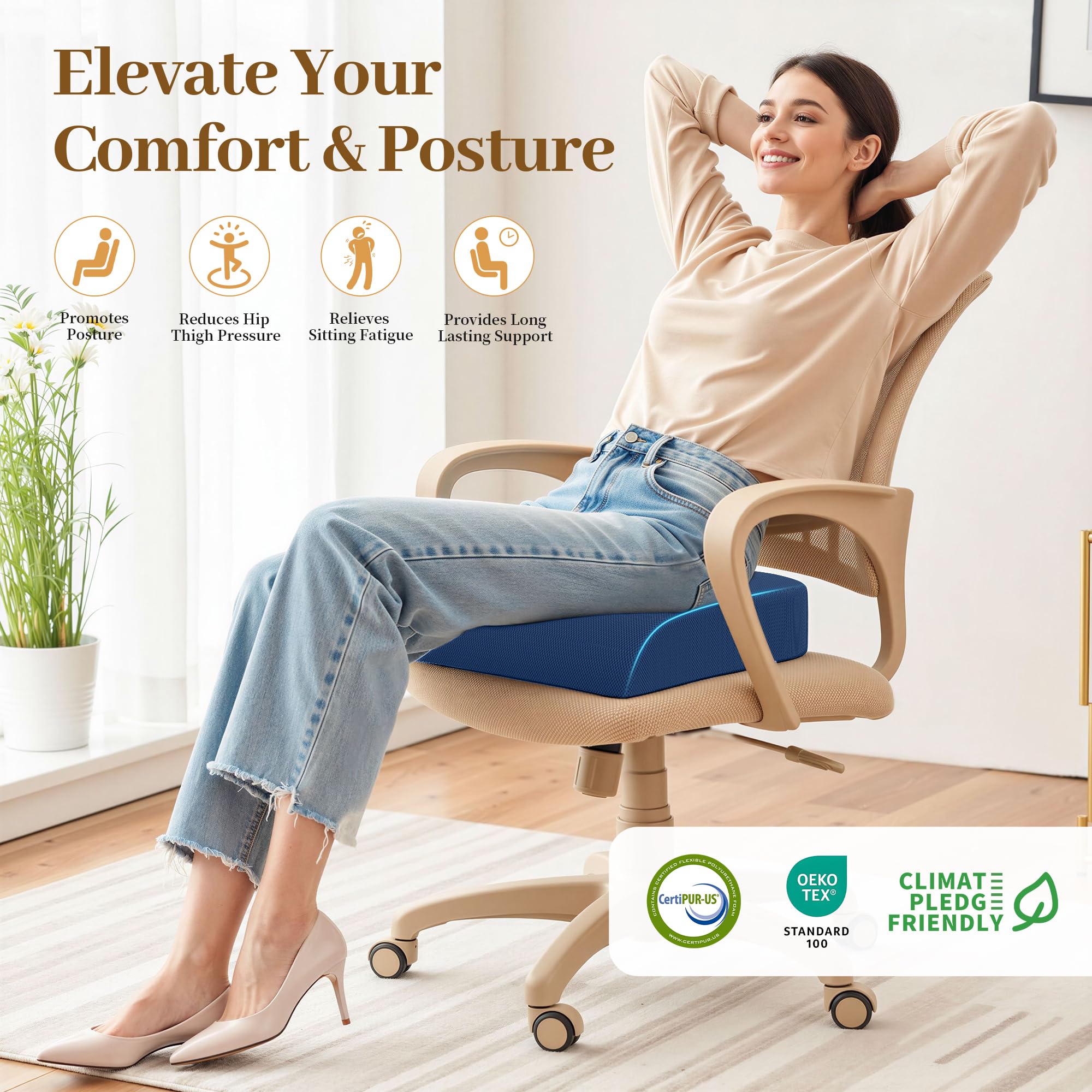 TranquilRelax Grande cuscino da seduta, in memory foam, per lunghe ore di seduta su sedia da ufficio, casa e auto, antiscivolo, per alleviare il dolore alla schiena, alla sciatica, all'anca e al