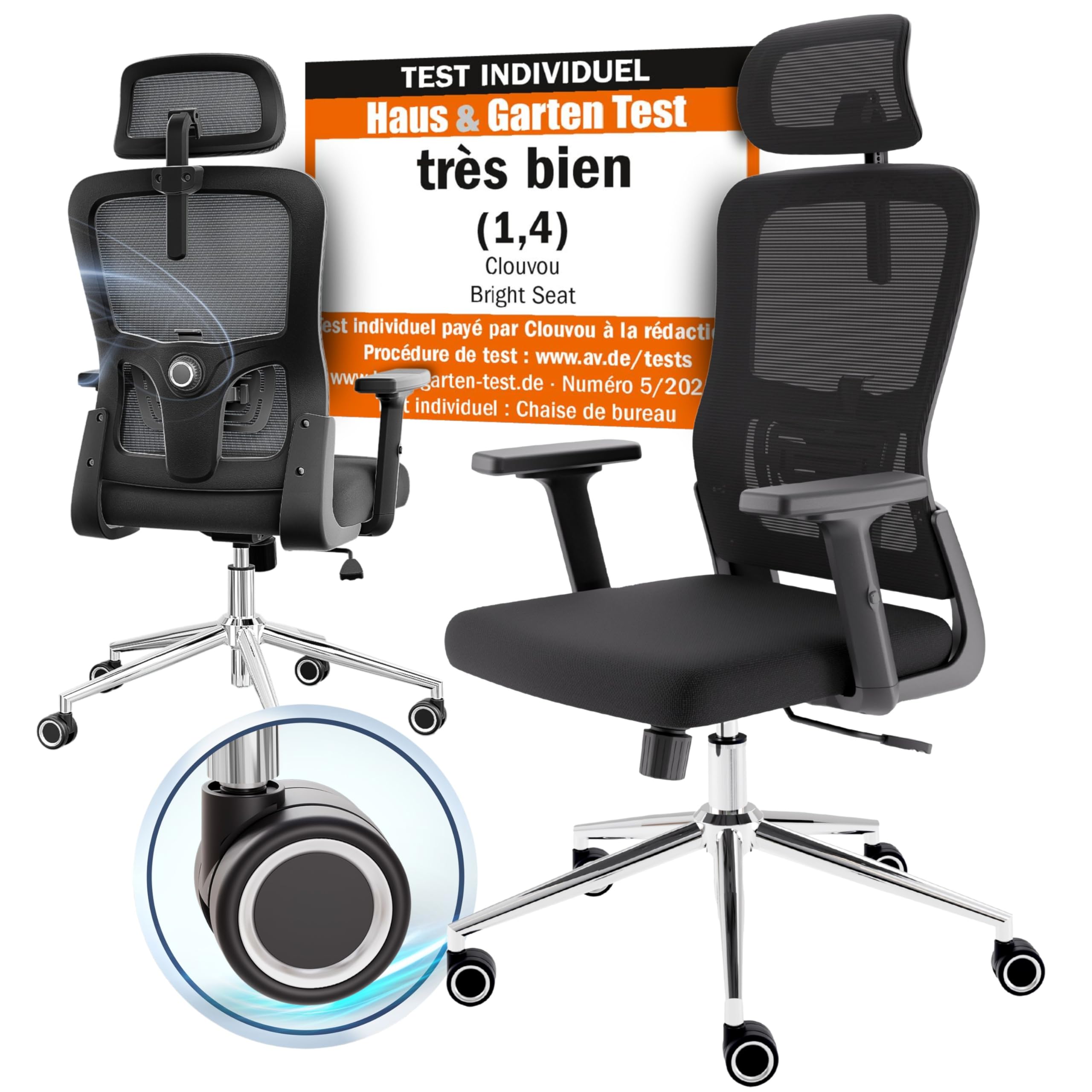 CLOUVOU Chaise Bureau Ergonomique BrightSeat [Élue N°1] Fauteuil de Bureau & Chaise Gaming | Charge maximale 150kg (Noir)