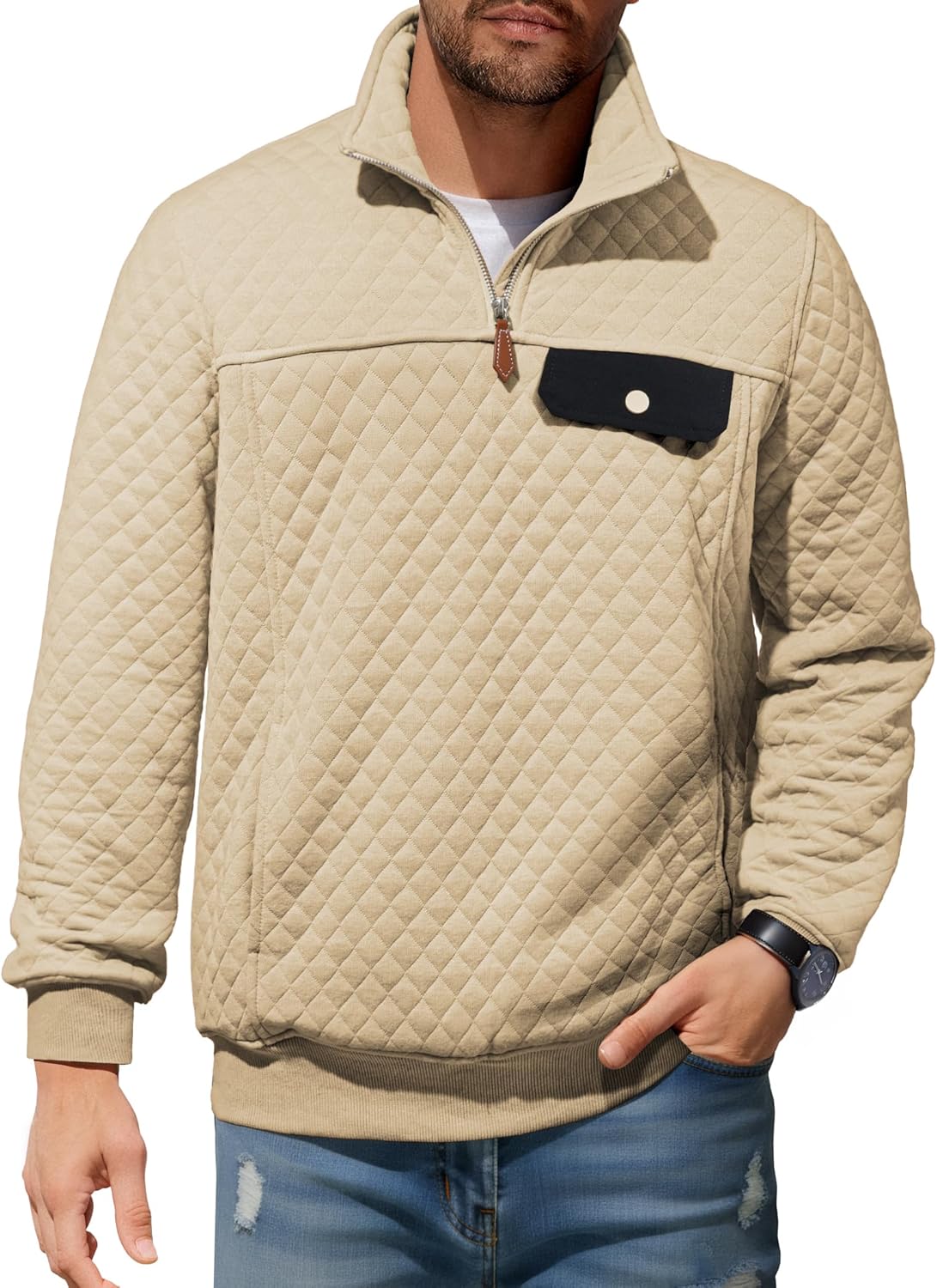 JMIERR Men's Quilted Sweatshirt Casual Long Sleeve Outdoor Stand Collar Quarter-Zip Pullover Sweatshirts