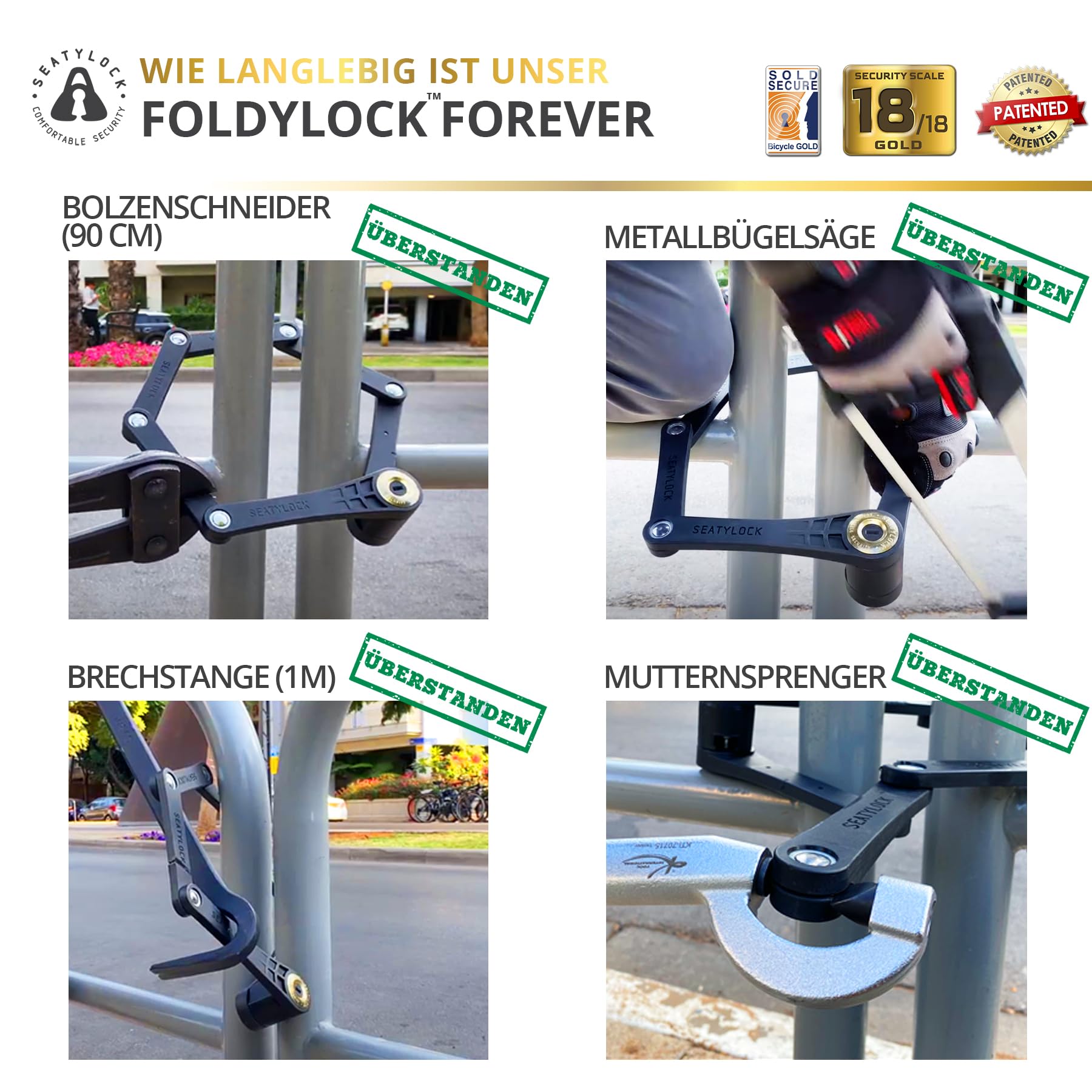 FoldyLock Forever Fahrradschloss mit Schlüssel – Patentiertes Faltschloss mit Halterung - Testsieger Sold Secure Gold Fahrrad Zubehör - Hohe Sicherheit für City Bikes und eBike – 90 cm