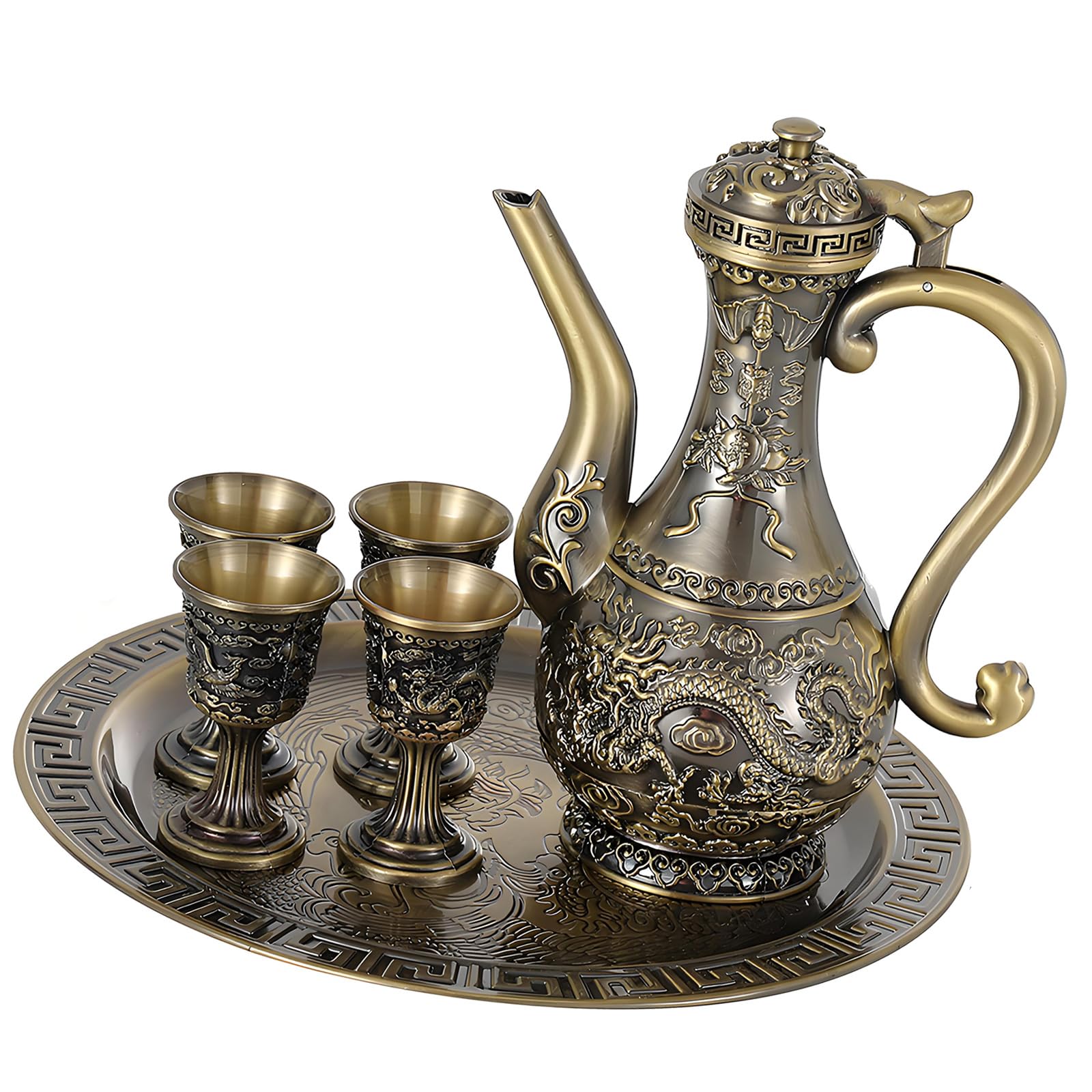 Liquor Decanter Set, Zinc Alloy Embossed Serving Set with Curved Handle, Decorative Drinkware for Home Entertaining and Table Display Liquor Decanter Dragon Embossed Zinc Alloy Drinkware Spirits Home