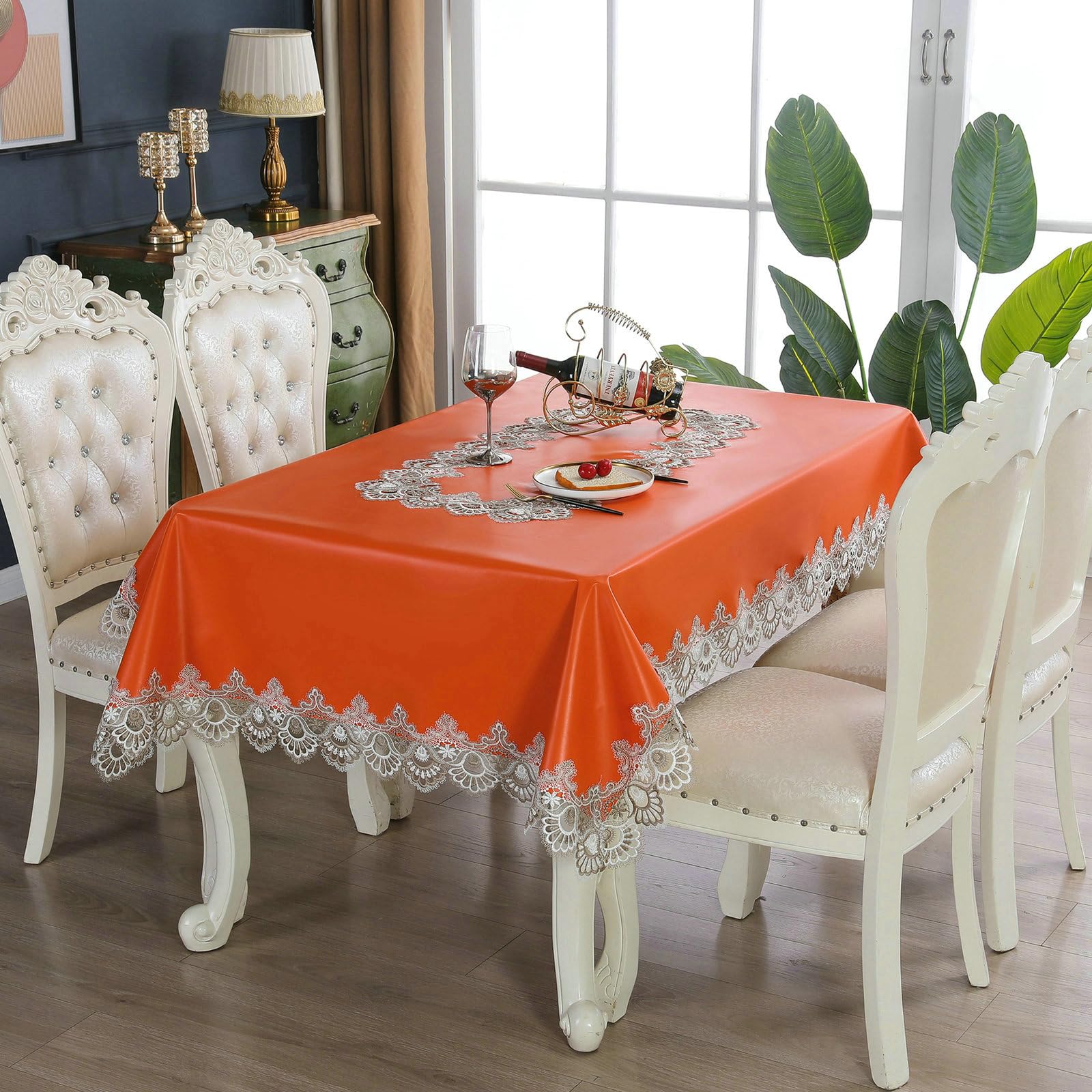 Tischdecke Abwaschbar 150x270 cm, Spitze Stickerei Polyester Leder