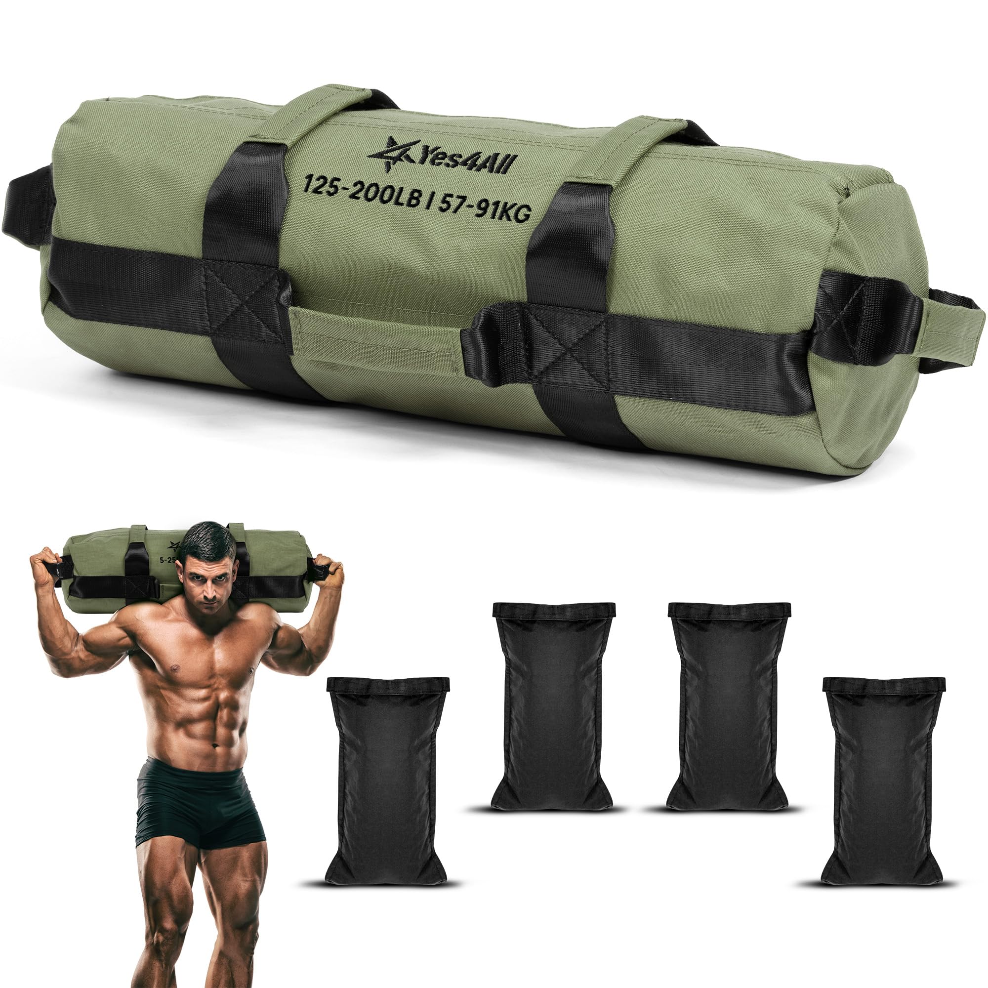 Yes4All Sandbag, Green Army, 56-90 Kilograms, Weighted bag for Running Workout, Core Bag Sandbag for Functional Training, Running Bag, Fitness, Conditioning