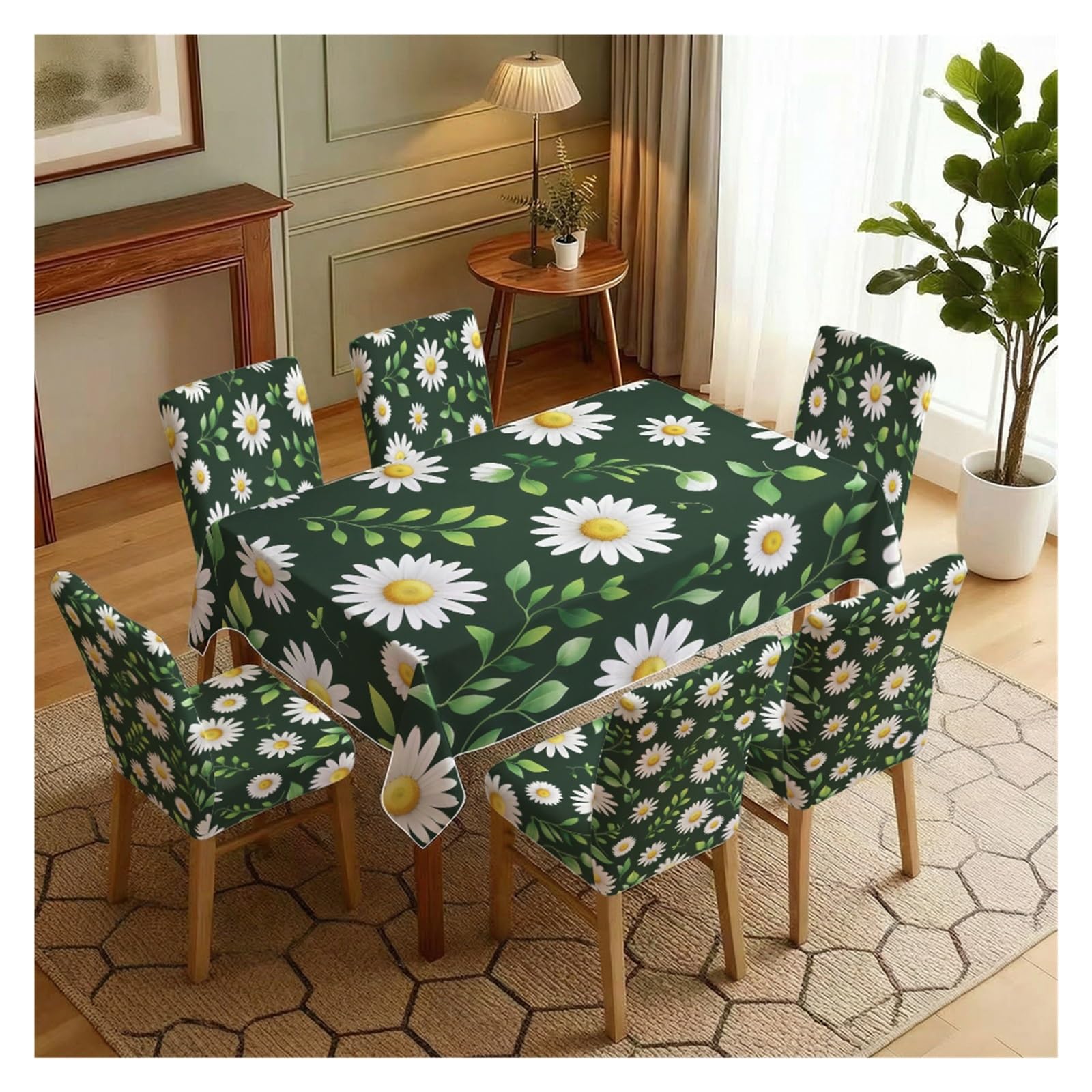 BOSUYBN Dark Green Background White Daisy Floral Dining Tablecloth & Chair Covers Set, 5/7 Piece Fresh Country Cottage Farmhouse Dining Decor Table Setting(7pcs Set: Tablecloth+Chair Covers)