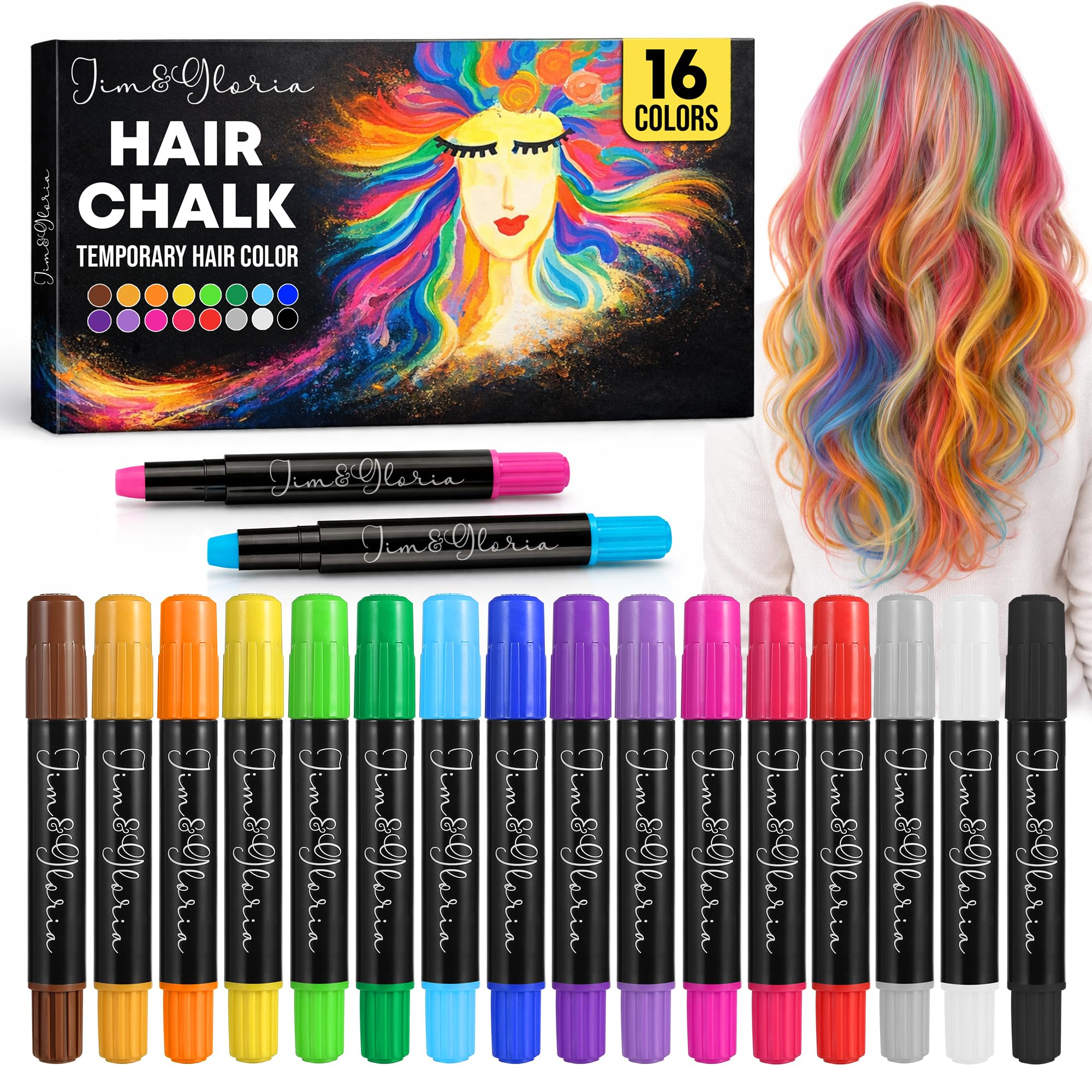 Jim&Gloria 16 Dustless Hair Chalk for Girls Washable Dye, Birthday Gifts for Teen Girls Makeup Kit, Temp Paint Temporary Hair Color for Teen Girl Gifts Trendy Stuff