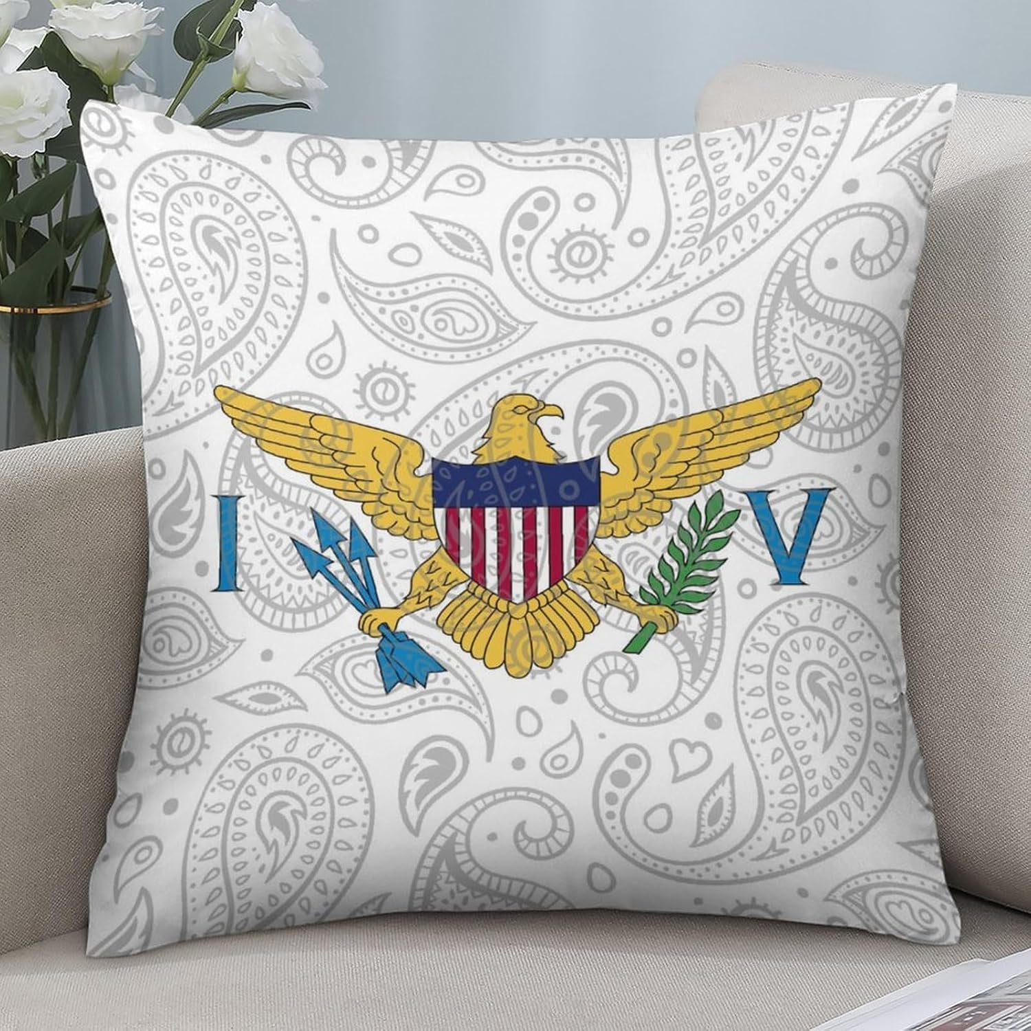 Virgin Islands Flag Paisley Pattern Printed Throw Pillow Case 4 Pcs Soft Pillowcases Pillows Covers Sofa Bed Decor 12/14/16/17/18/20/22/24/32 Inches