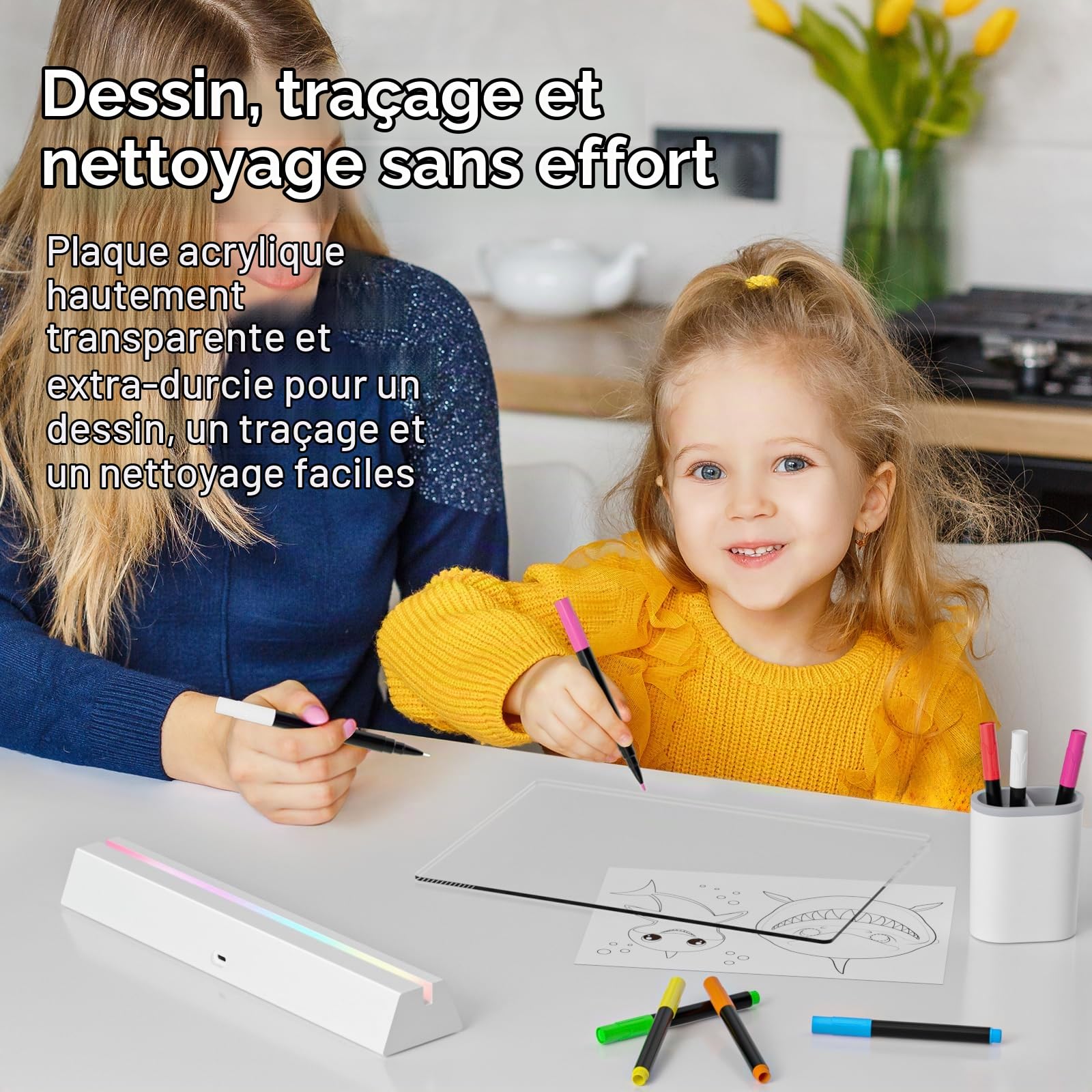 Tableau lumineux LED avec couleurs, Tableau blanc en acrylique rechargeable avec 9 modes d'éclairage, Tableau lumineux néon de 35x25 cm pour messages, mémos, dessins, Idéal pour la maison/chambre