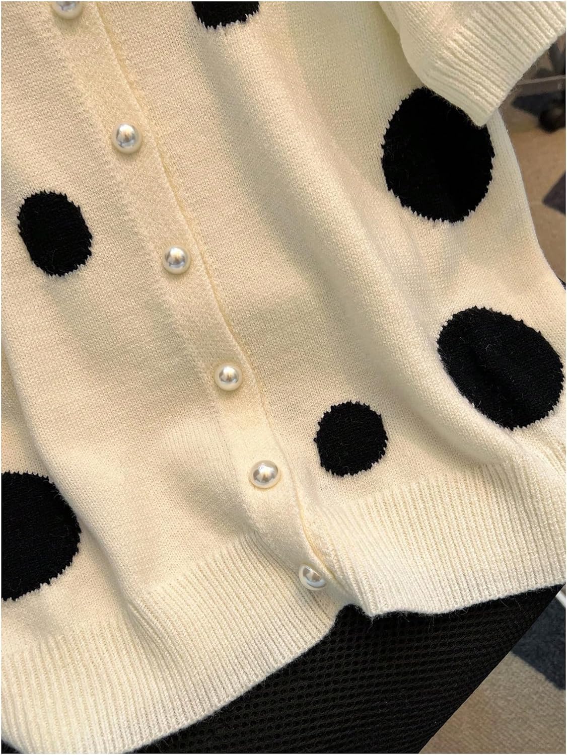 WDIRARA Women's Polka Dots Button Up Sweater Crew Neck Short Sleeve Lightweight Cardigan Knit Top - Image 5