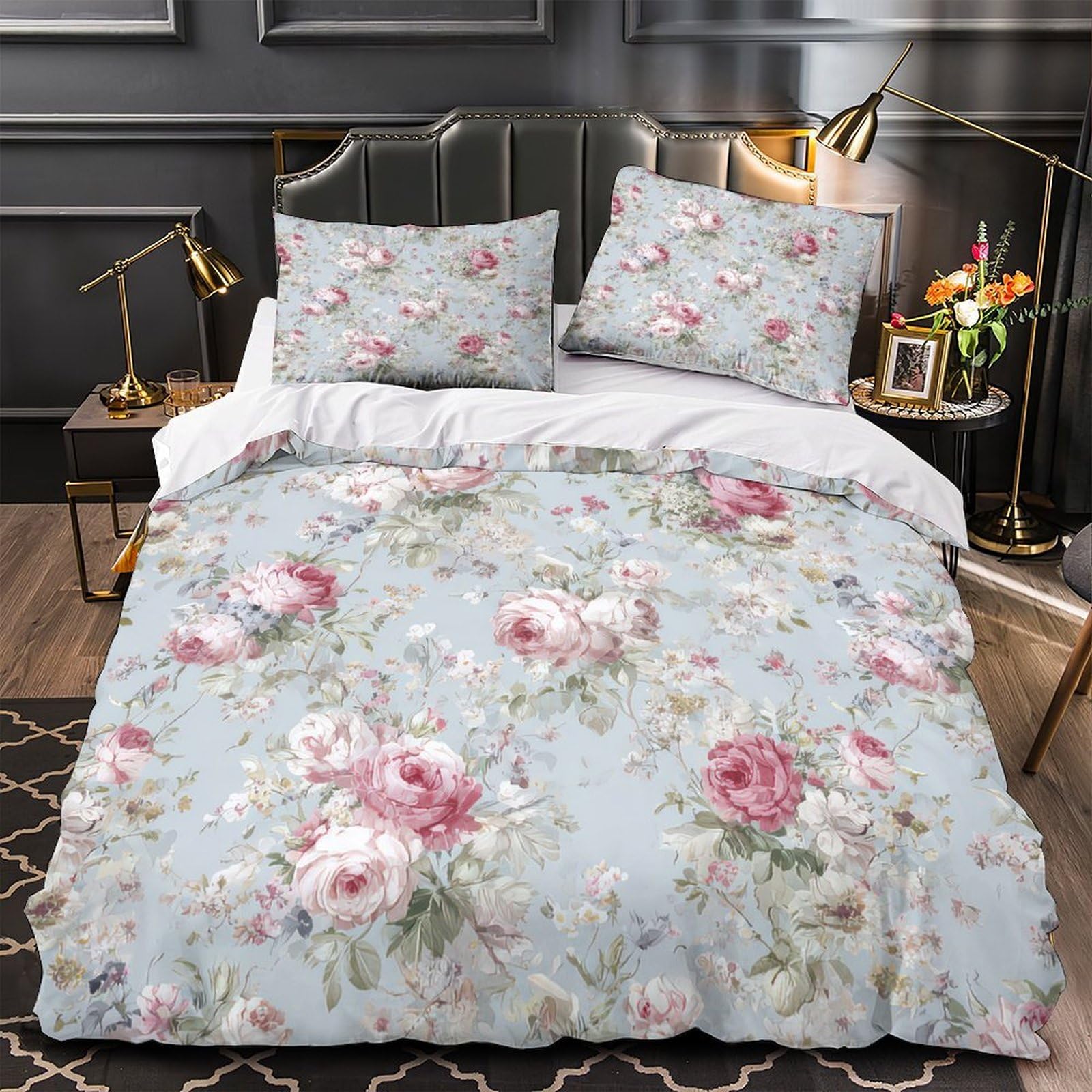 Housse de couette fleurs roses vintage microfibre 135x200 parure lit enfant single
