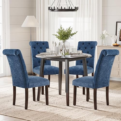 Miniatura 8 de COLAMY Juego de 2 sillas de comedor copetudas, sillas de comedor Parsons tapizadas de tela, sillas auxiliares elegantes con patas de madera maciza y