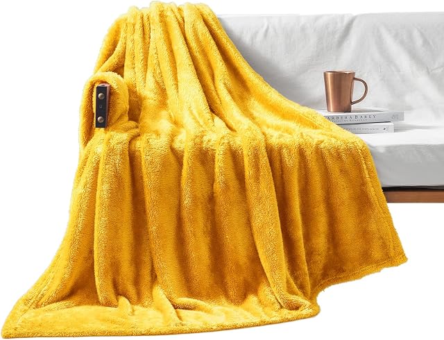 Exclusivo Mezcla Fuzzy Fleece Throw Blanket, 127x178 CM Sofa Throws, Soft Flannel Throws for Sofa, Mustard Yellow Blanket