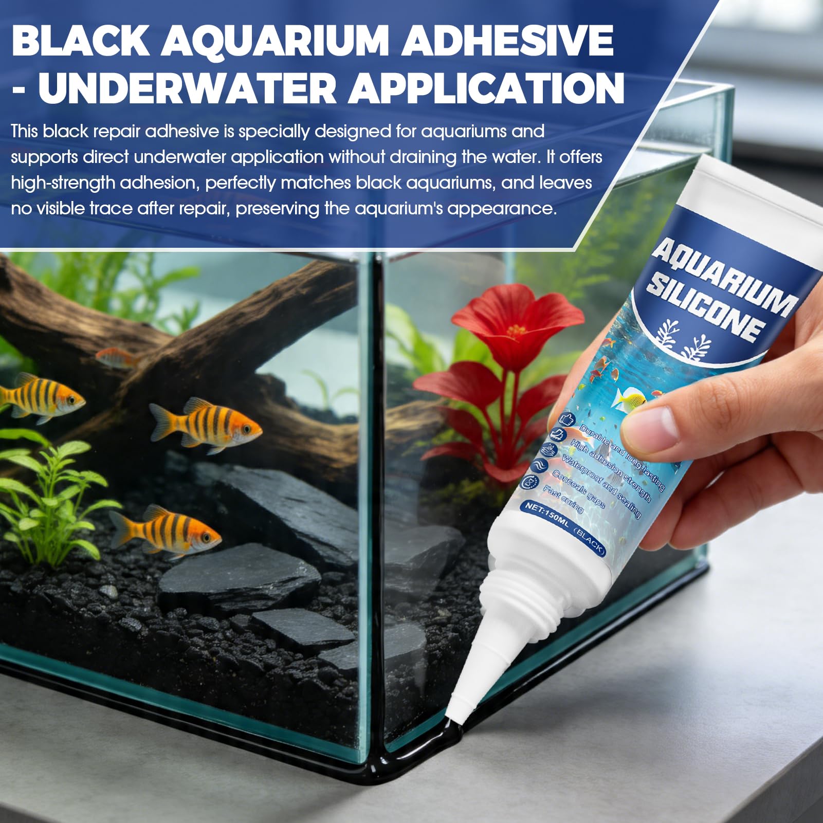ALLONY Silicone per Acquario, 150ML Silicone per Acquario Nero, Silicones Nero, Acquario Sott'acqua Colla, Impermeabile, Colla per Acquario, Terrario, Acquari, Vetrine, Vetro