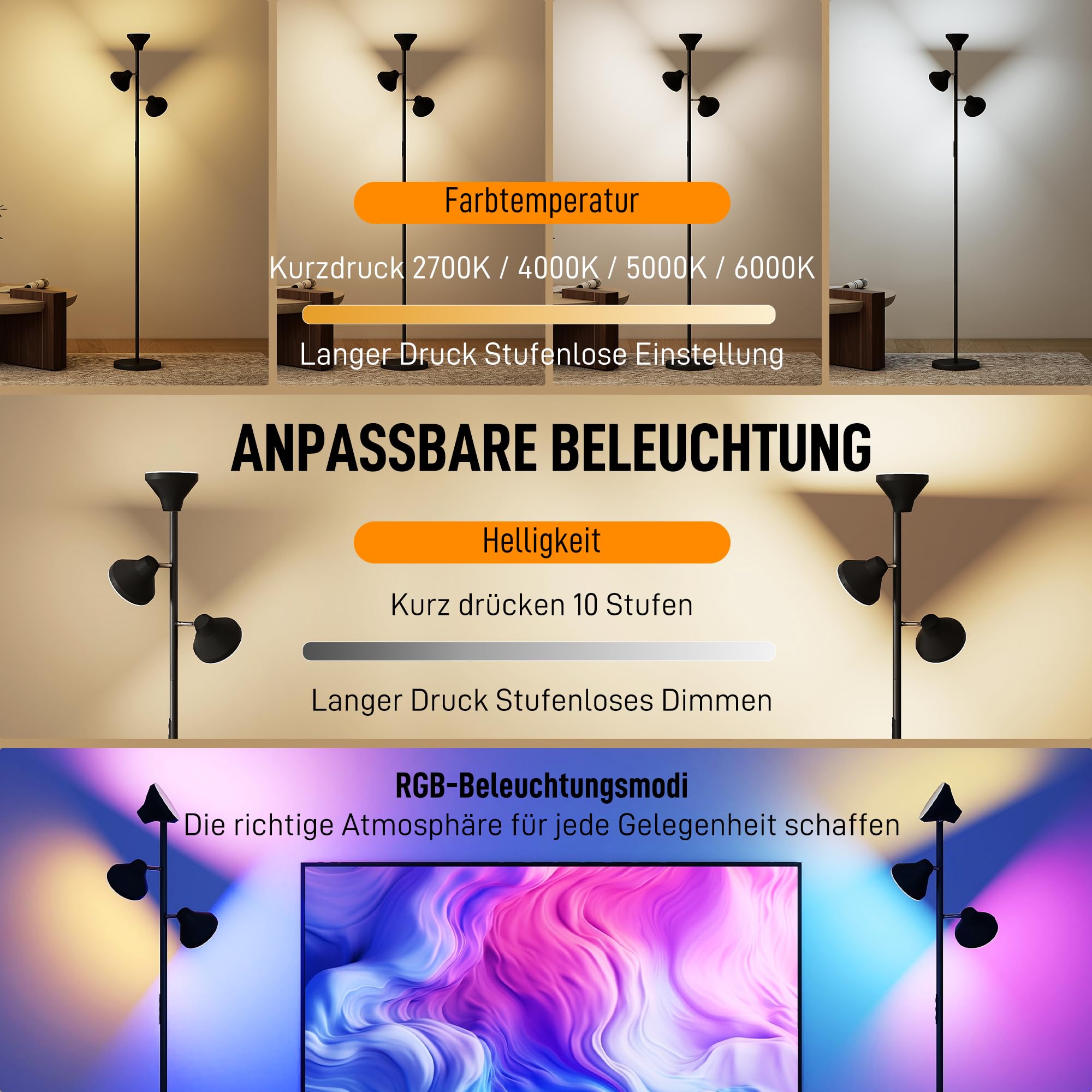 HOMCOM Stehlampe Wohnzimmer Dimmbar mit Leselampe 4150lm 2700K–6000K | Stehleuchte RGB Farbwechsel, mit Fernbedienung, Touch-Steuerung, 3 Drehbare Köpfe, Standleuchte für Schlafzimmer