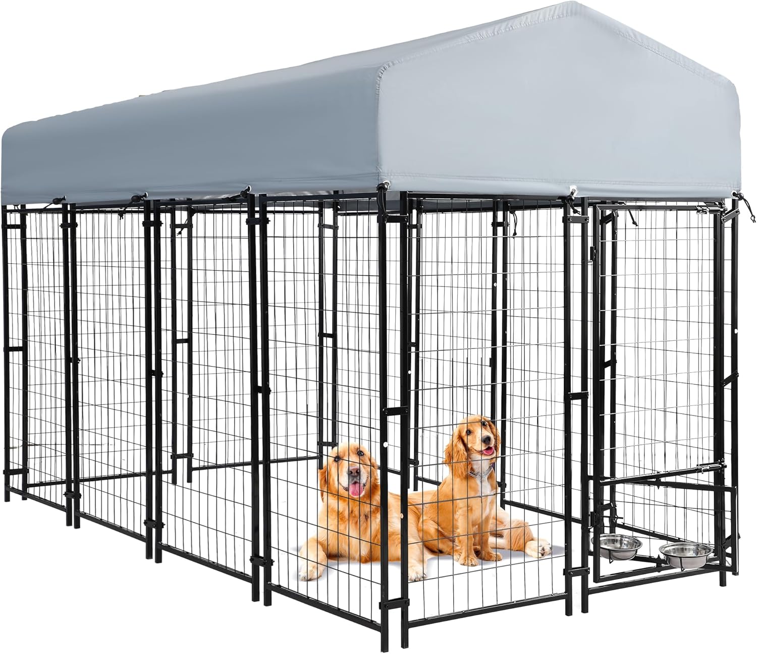Outdoor Dog Kennel, 8x4x5.7 FT Dog Enclosure with Waterproof Roof Cover & 2 Rotating Dog Bowls for Large Dogs, Welded Wire Steel Outside Dog Fence Dogs Exercise with Secure Lock