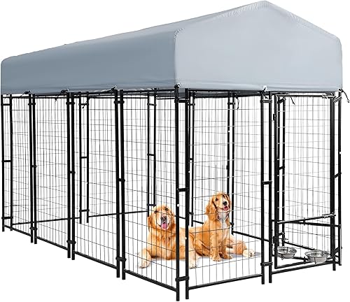 Miniatura 7 de Perrera para perros al aire libre, 8 x 4 x 6 pies, resistente con cubierta de techo impermeable y 2 cuencos giratorios para perros grandes, alambre