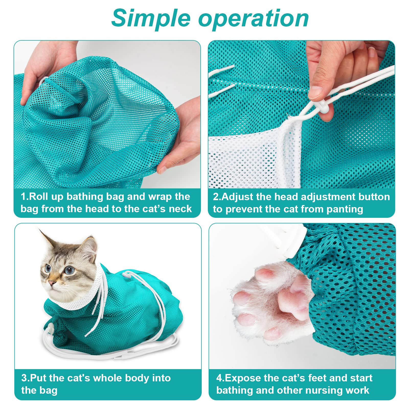 Breathable Mesh Shower Bag - Anti Scratch Adjustable Grooming for Nail Trimming, Bathing - Polyester Soft Cat Washing (White-Green)