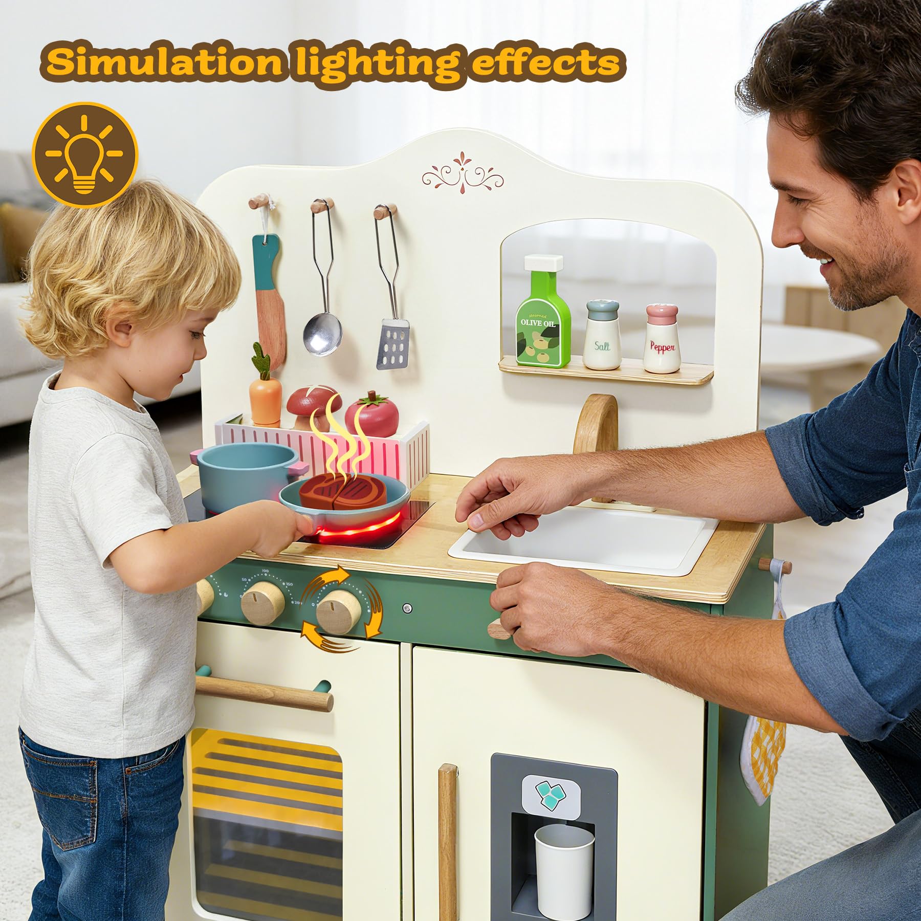 TOYWOO Kinderküche Holz mit Licht & Sound, Spielküche für Kinder ab 3 Jahren mit Schneidelebensmittel-Set, Spülbecken, Herd & Mikrowelle, Pädagogisches Rollenspielzeug Geschenk für Mädchen Jungen