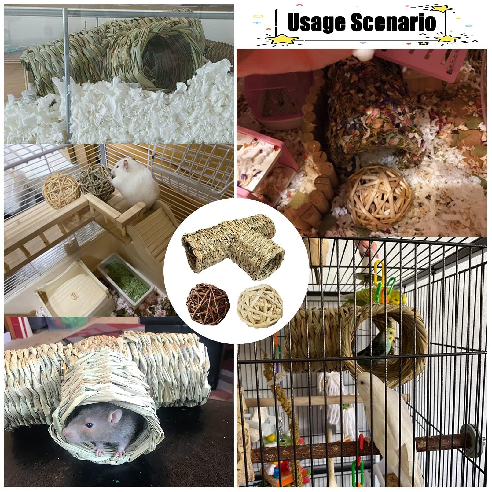 PINVNBY Túnel de Hierba para hámster, Juguete de escondite de la Naturaleza, túneles y Tubos de cobayas, casa de túnel de Paja con 4 entradas para Chinchillas, erizos, Ratas, jerbos (4 Piezas)