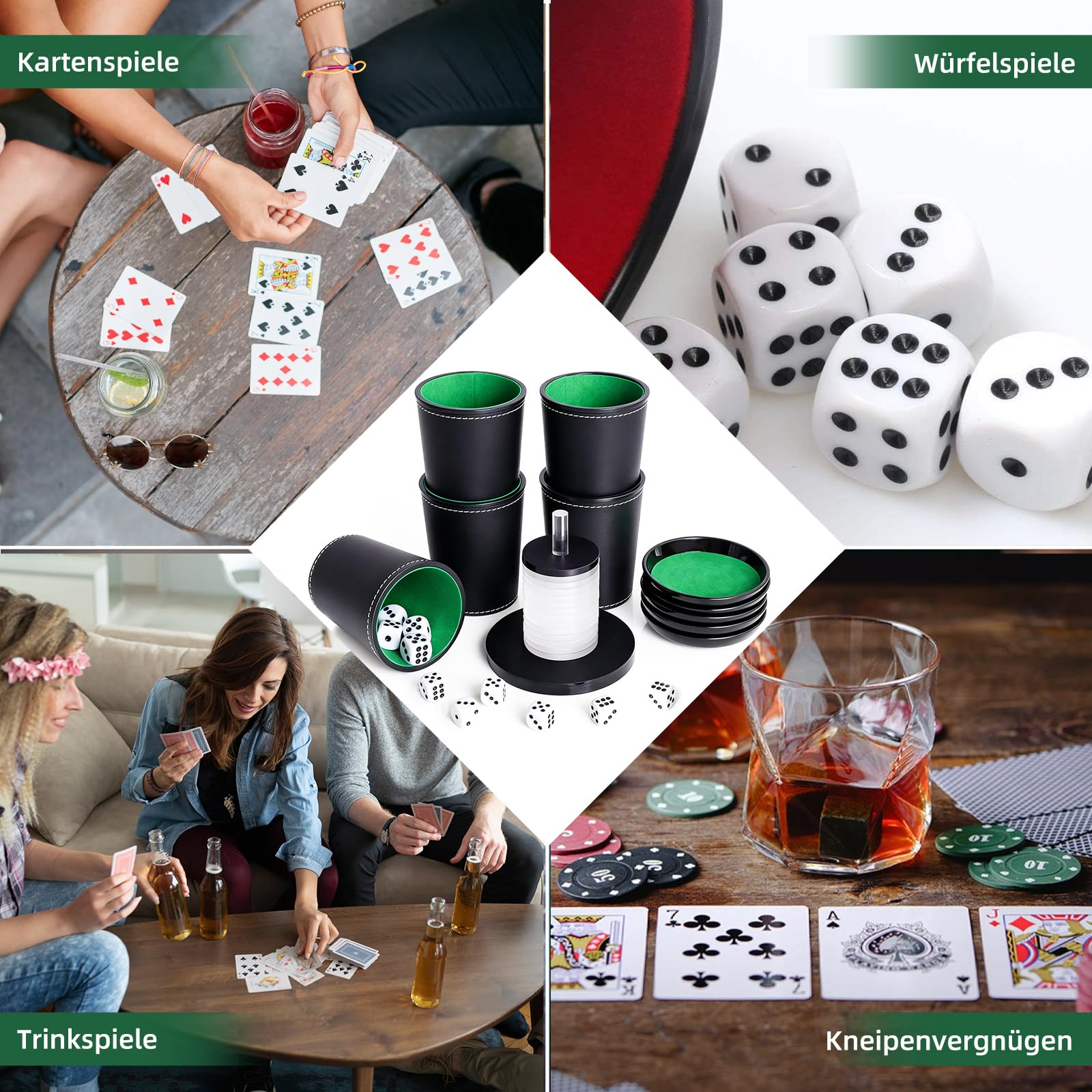 Schocken Set, Komplett mit 5 Würfelbecher Leder mit Deckel, 25 Würfeln, Schockbesteck mit 14 Acryl-Scheiben und Ständer, Schocken Würfelspiel Set für Jule Meiern Maxen Mörkeln