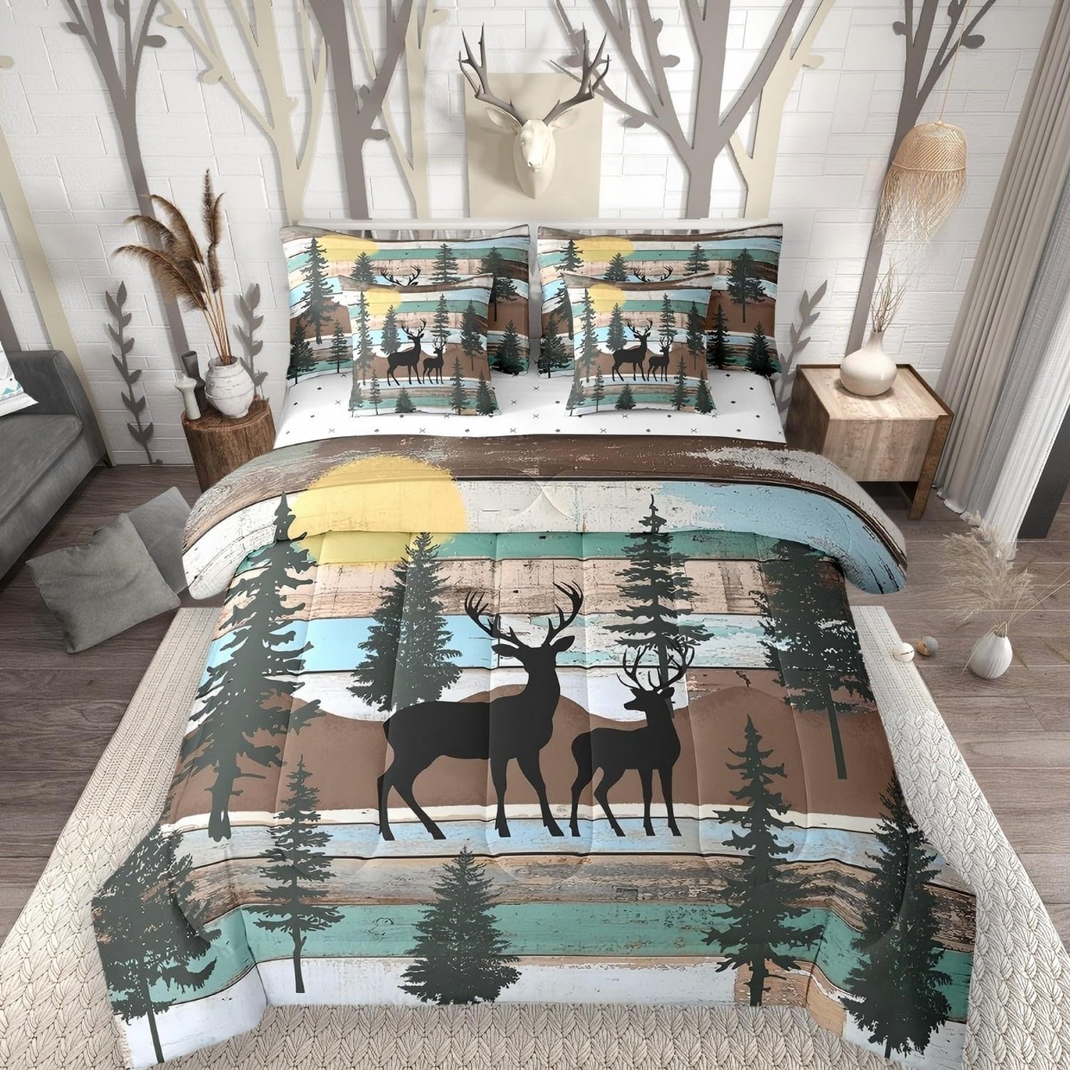 Elk Deer Full Size Bed Sheets and Comforter Set, Christmas Reindeer Pine Trees 7 Piece Bedding Set Farmhouse Arts Rustic Barn Door Bed in a Bag, Vintage Countryside Bed Sets, Green Olive Brown