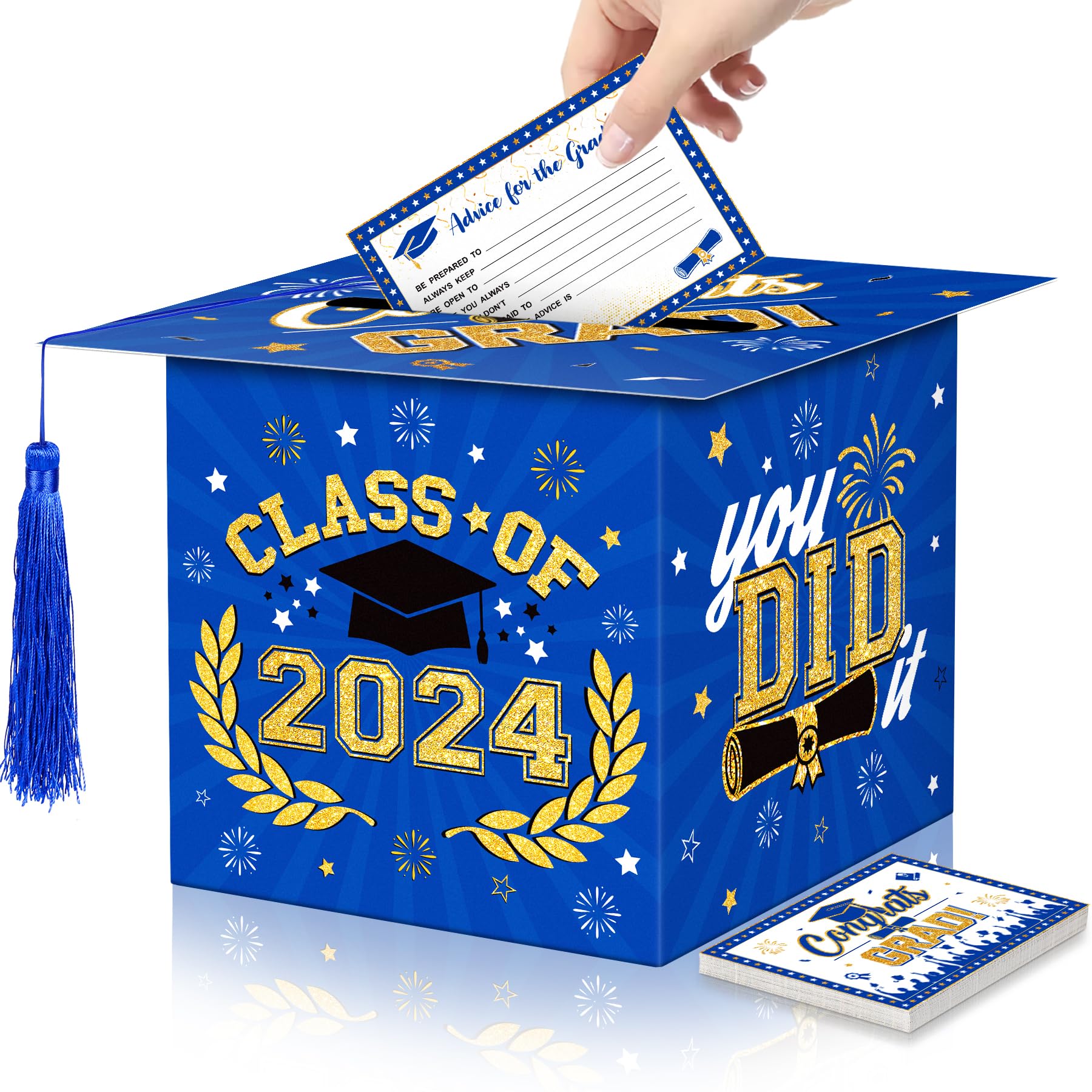 ErweicetClass of 2025 Graduation Card Box Blue Gold Congrats Cap Shaped Card Holder Boxes with Tassel 48 PCS Advice Wishes Cards for 2025 Graduation Party