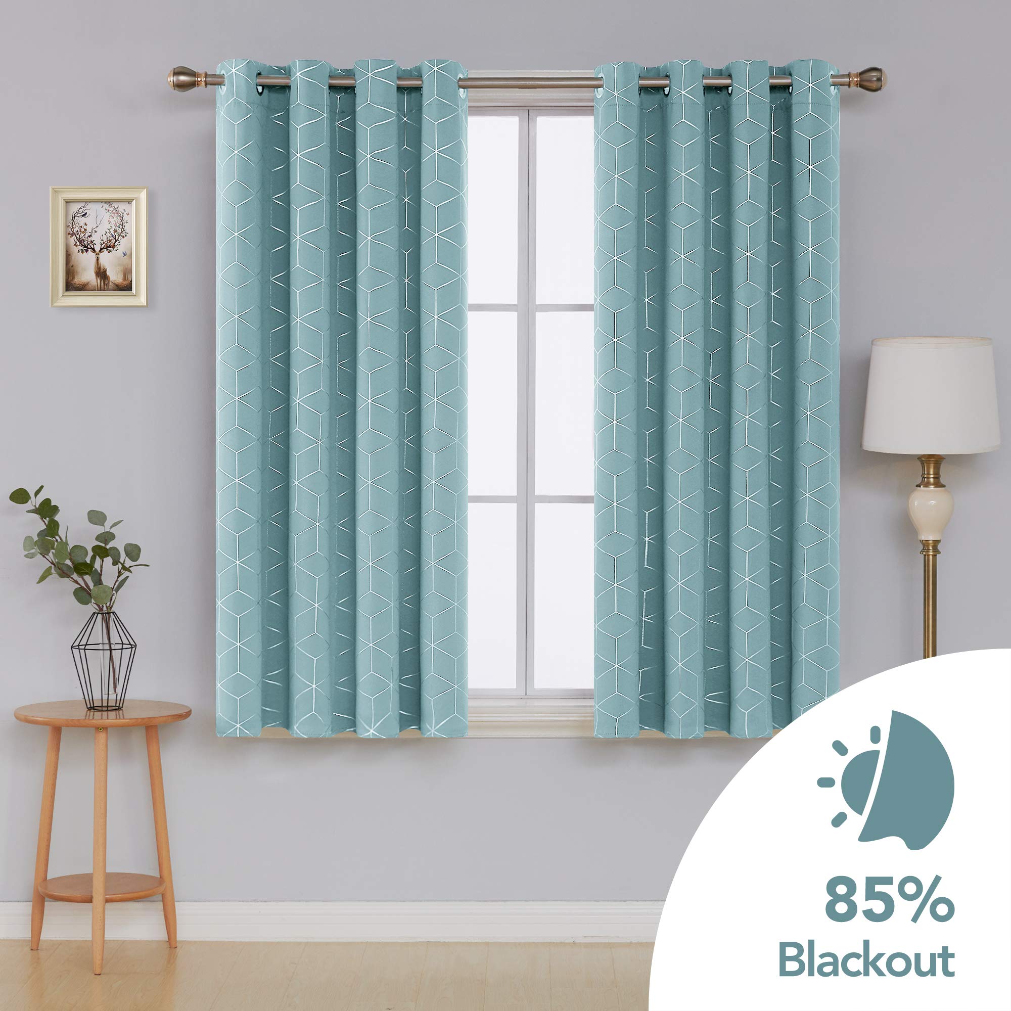 Deconovo Set of 2 Sky Blue Blackout Curtains, Thermal Insulation, Anti-Cold, Diamond Printed Curtains for Living Room, 132 x 114 cm, Children, Bedroom Curtain - 2