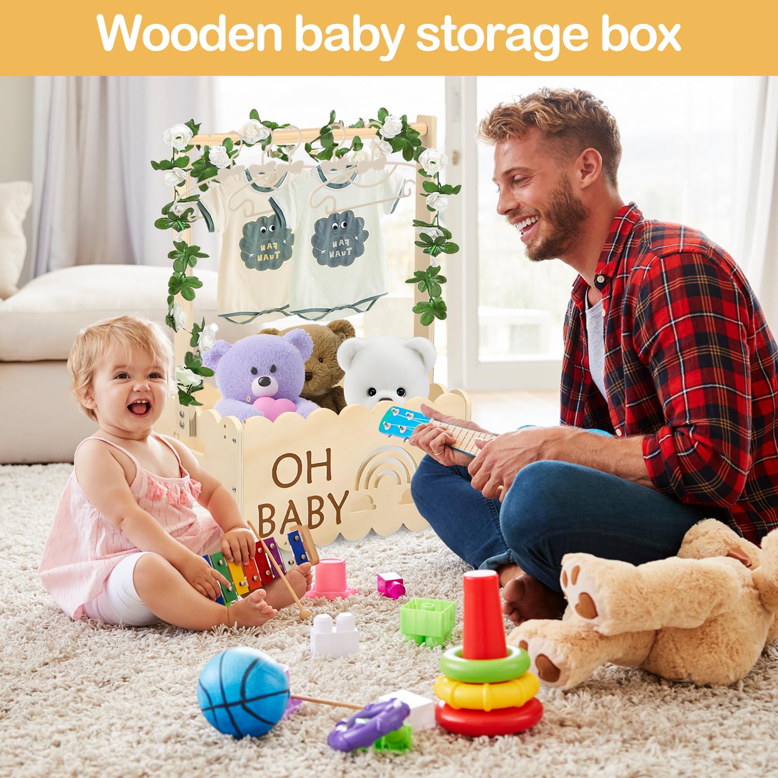 Armoire De Caisse Pour BéBé, Armoire De Douche De BéBé En Bois Panier Cadeau BéBé Pour Fille GarçOn Panier BéBés Avec Rotin Rose Et 5 Cintres Cadeau BéBés Personnalisé Pour Douche De BéBéNouveau-Né