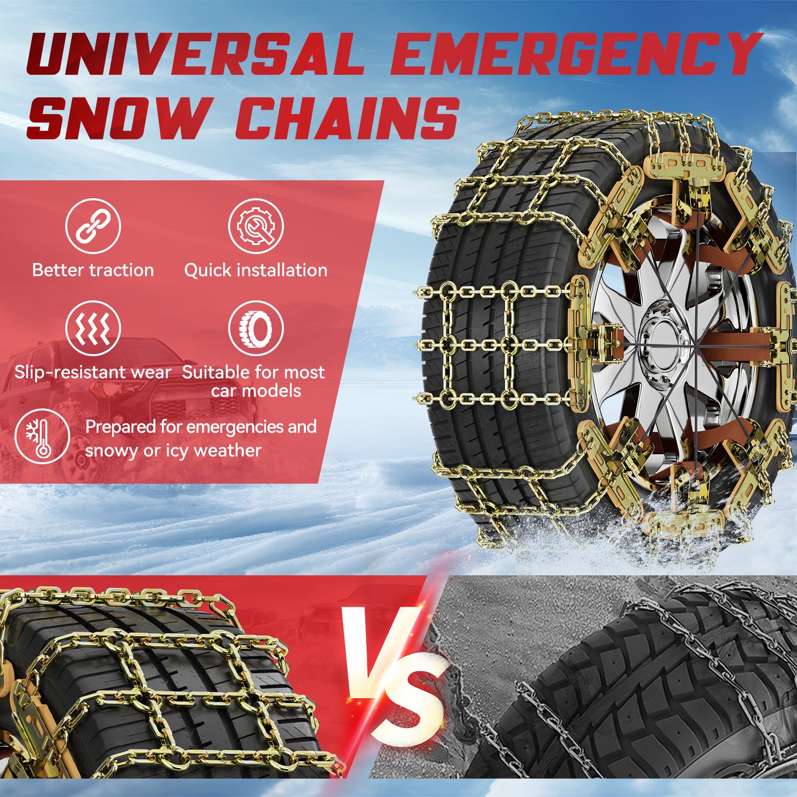 MOONCOOL Catene da Neve Universali 8 Pezzi 1 Set Montaggio Facile per Pneumatici 215-285 mm