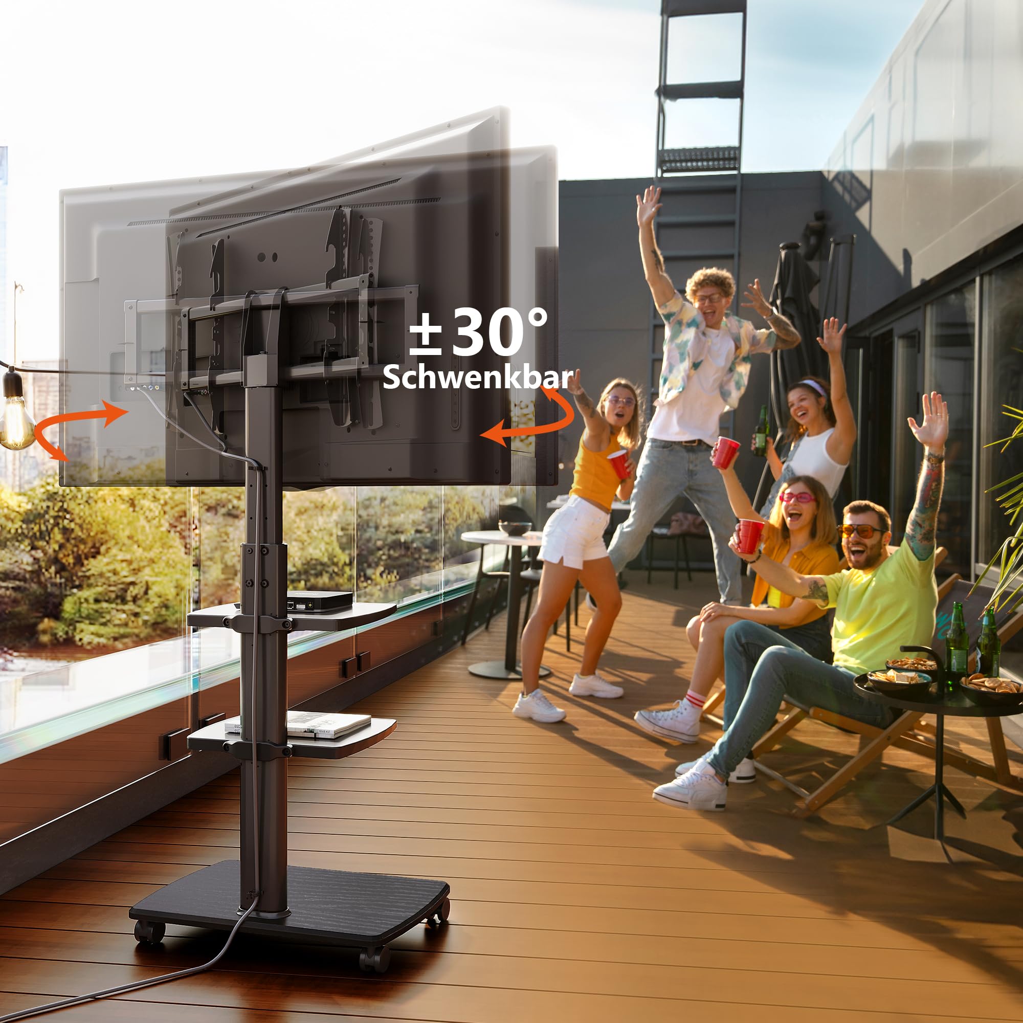 FITUEYES TV Ständer Rollbar, TV Standfuß mit 3 Ablagen für 32-70 Zoll Fernseher bis 40 kg, Höhenverstellbar & Schwenkbar, Max. VESA. 600 * 400 mm, Geeignet für Mietwohnungen Büros, Schwarz