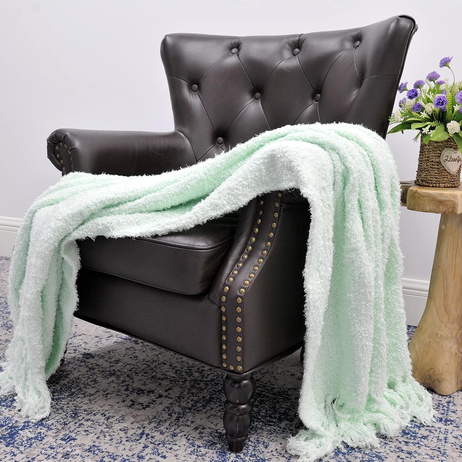 BNF HOME - Throw - Fluffy Knitted Woven Throw, Packed w/Ribbon - Blue/Harbor