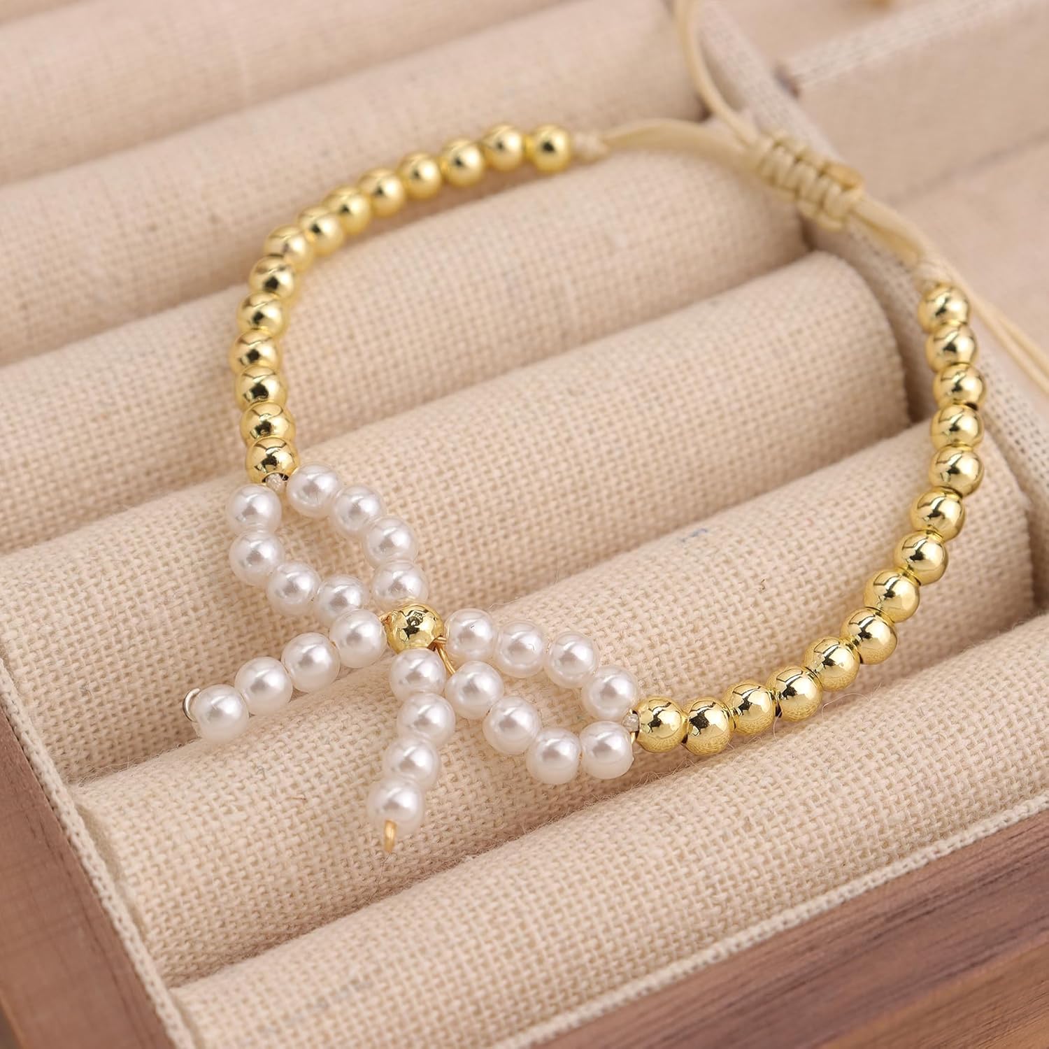 Gold Bead Bow Bracelets for Women, Adjustable Gemstone Pearl Beaded Jewelry Gifts - Image 4