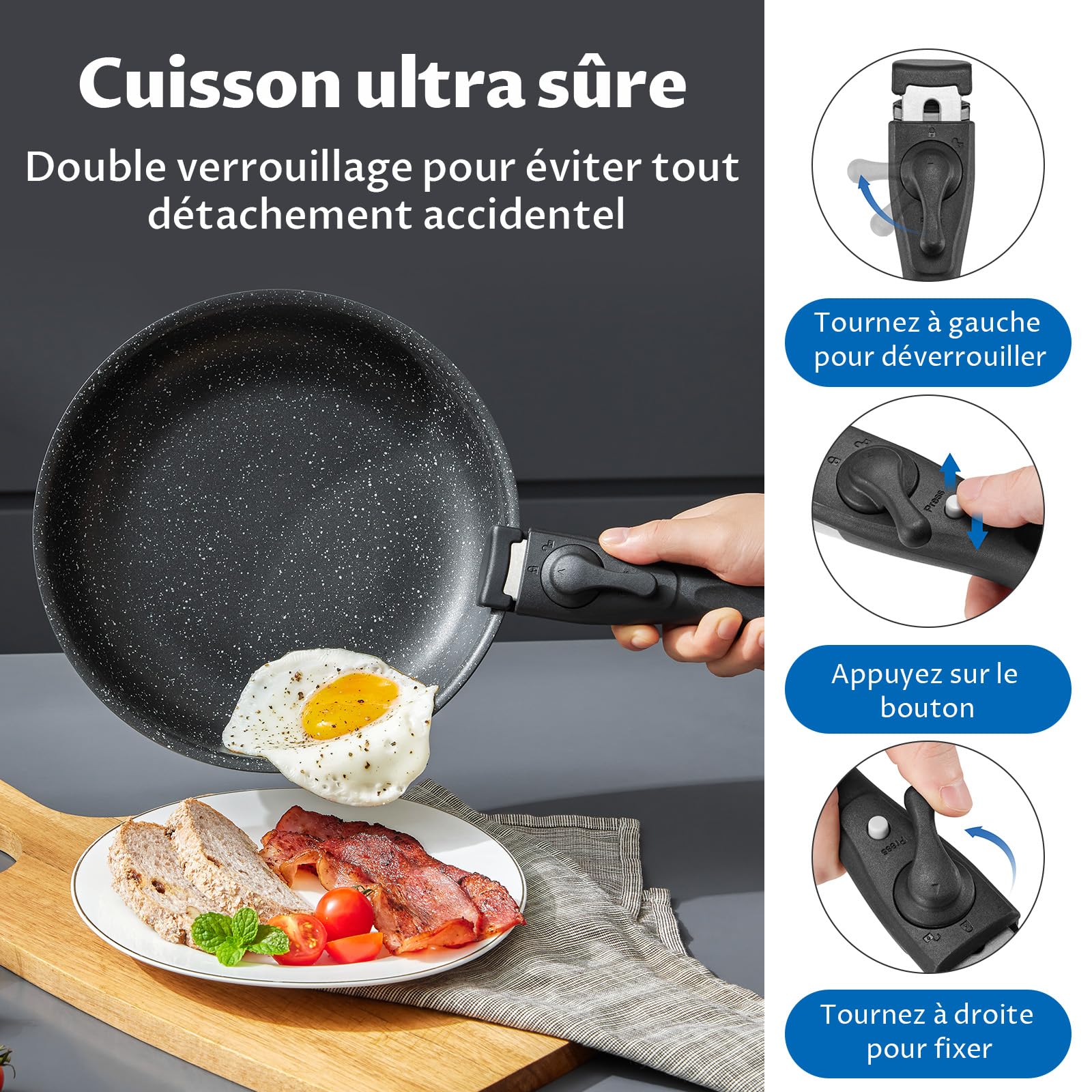BEZIA Batterie de Cuisine Induction, 10 Pièces Set de Casseroles et Poêles | Revêtement Antiadhésif Sans PFOA, Non Toxique, Compatible Induction, Poignées Amovibles, Empilable, Pour le Camping